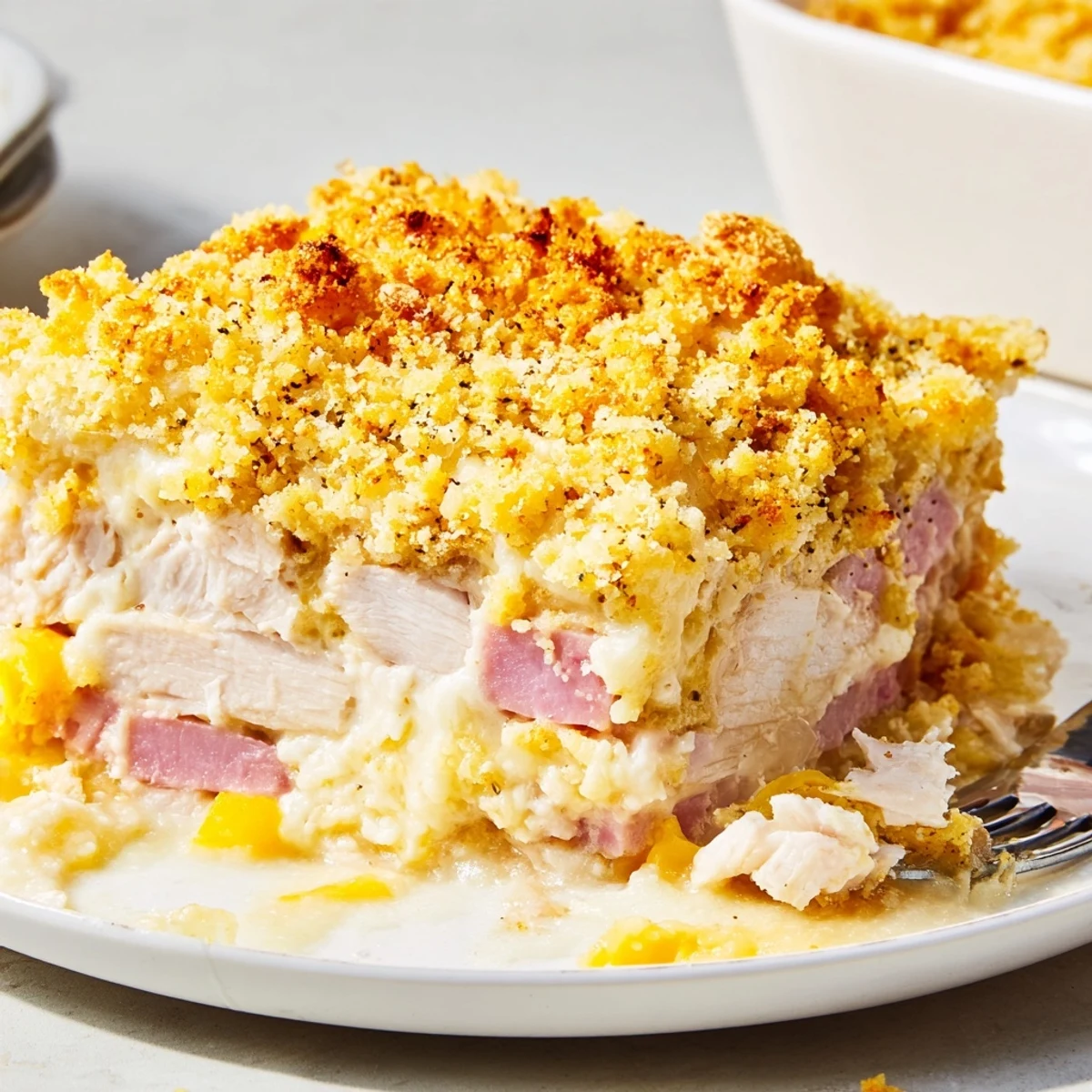 Family-style Chicken Cordon Bleu Casserole resting five minutes, aroma of browned butter
