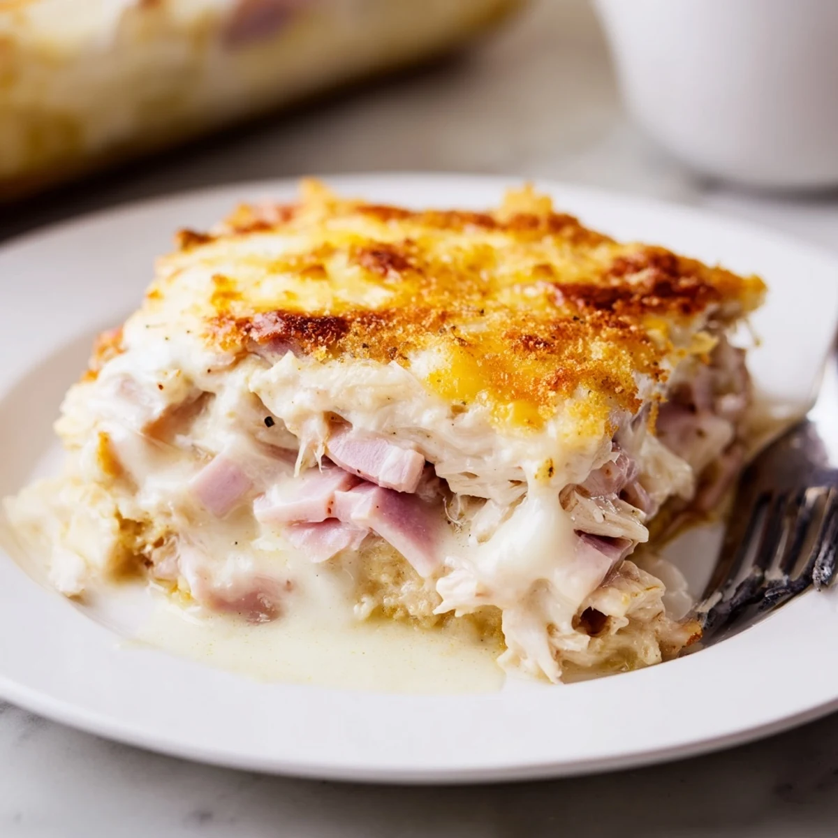 Ready-to-serve Chicken Cordon Bleu Casserole with melted Swiss, diced ham, creamy Dijon sauce