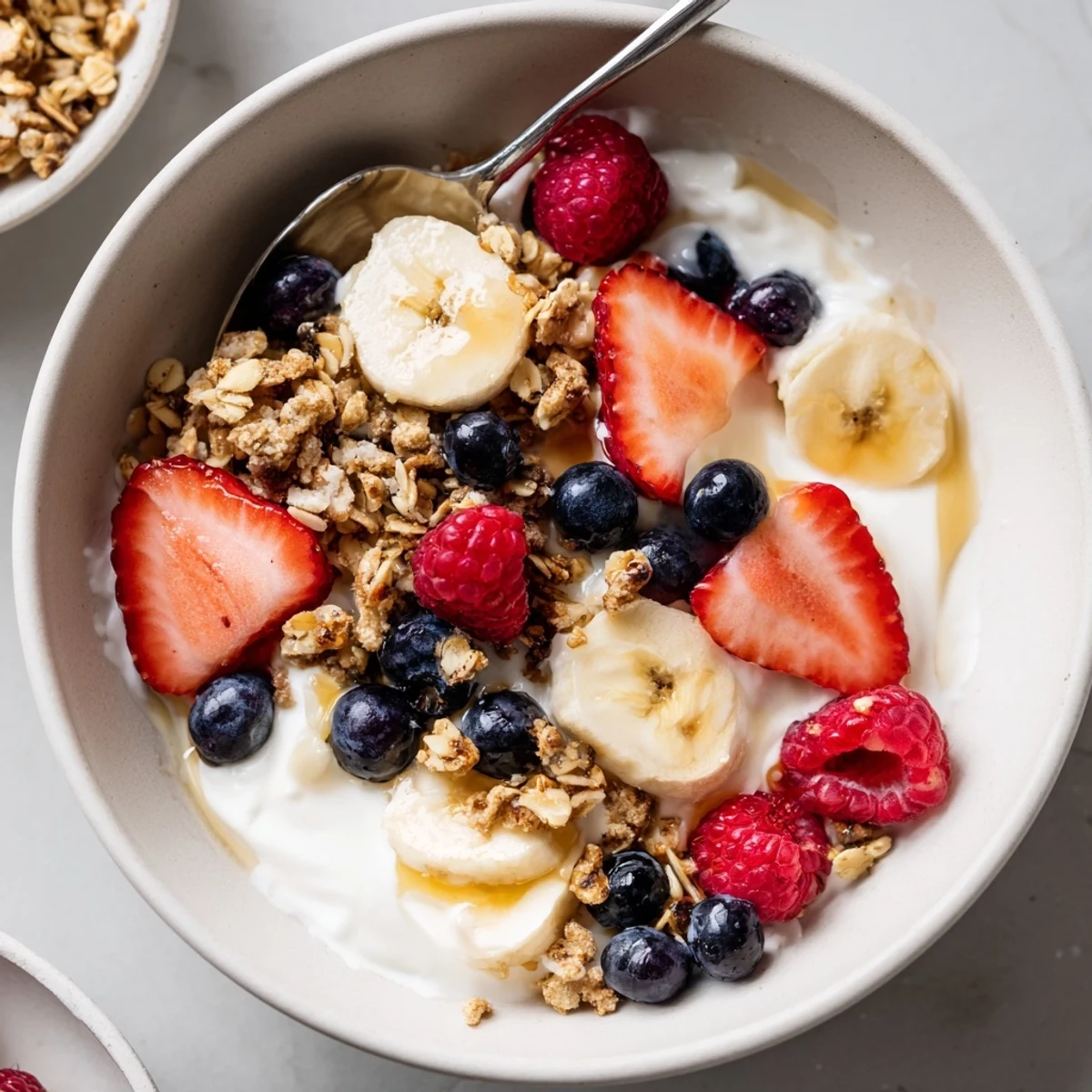 Chilled Cottage Cheese Breakfast Bowl topped with sliced banana, berries, and chia