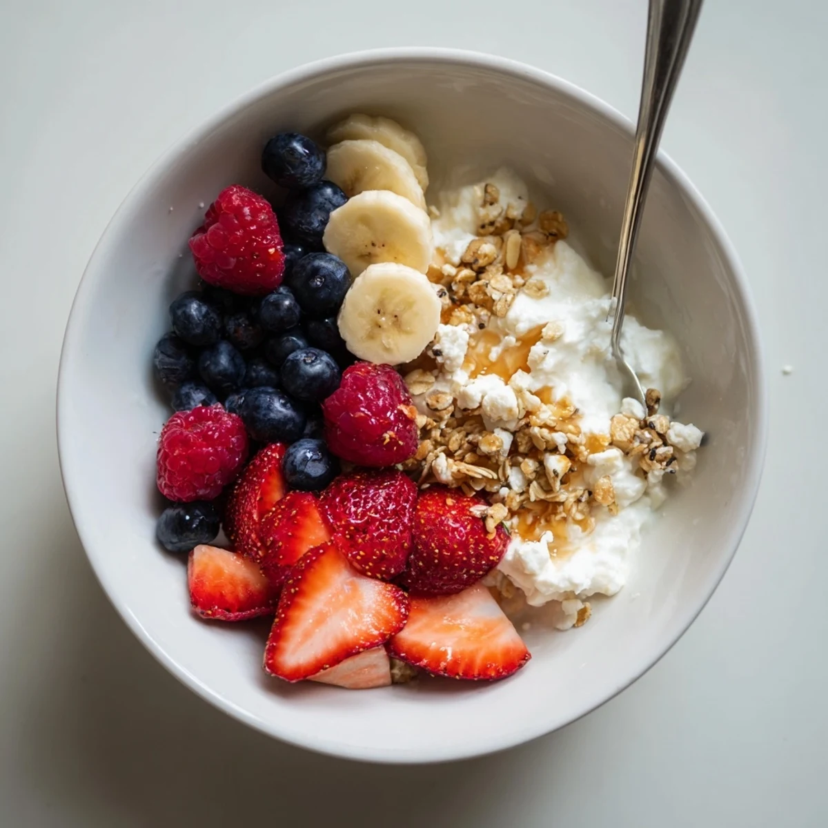 Morning-ready Cottage Cheese Breakfast Bowl on tabletop, spoon beside, vibrant fruit