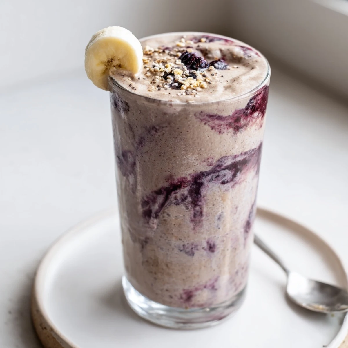 Creamy High Protein Smoothie poured into glass, topped with frozen berries