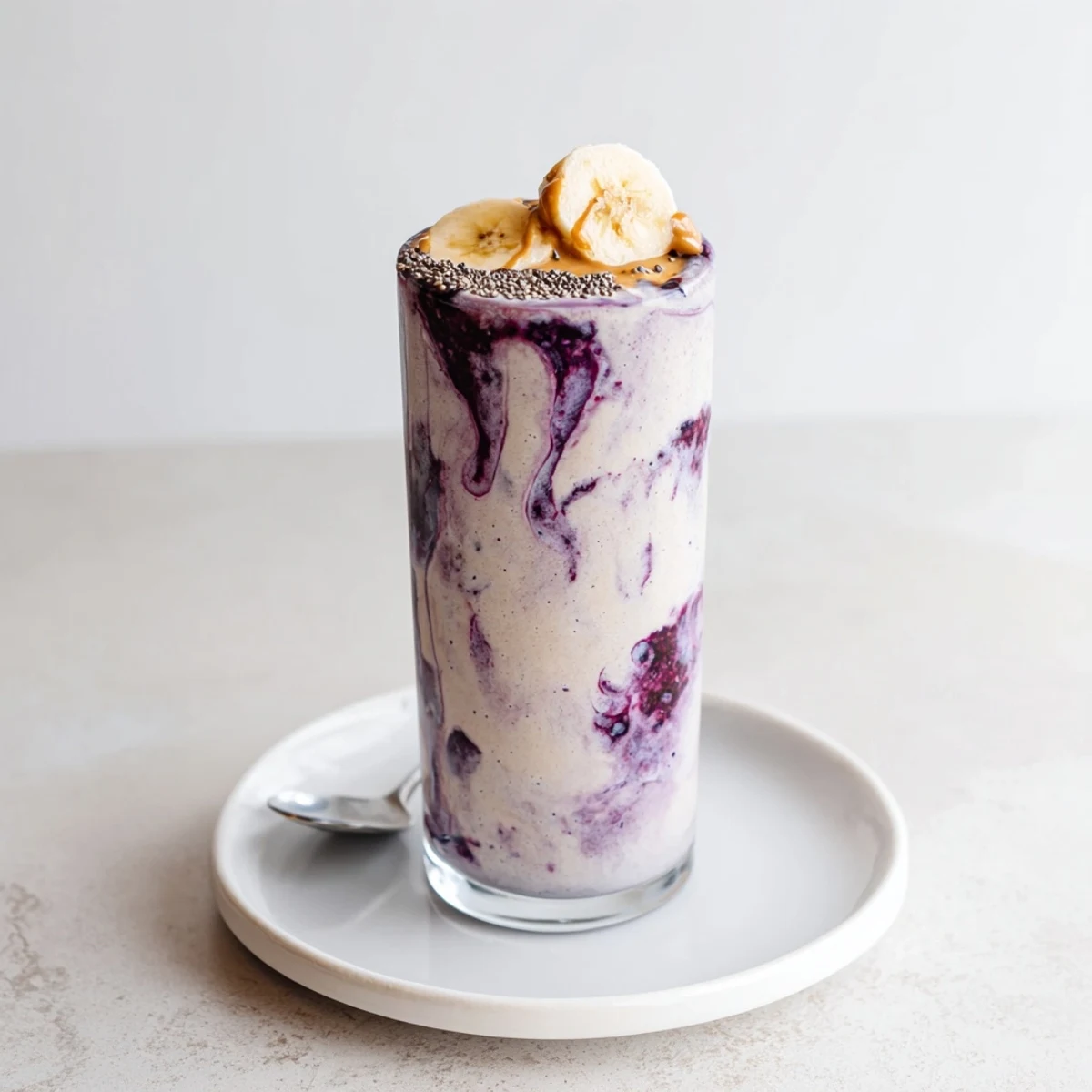 Velvety High Protein Smoothie swirled with peanut butter and banana slices