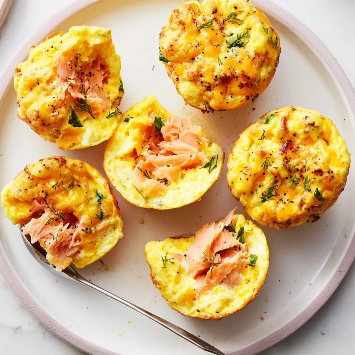 Warm Smoked Salmon Egg Muffins served alongside lemon wedges and peppery arugula.
