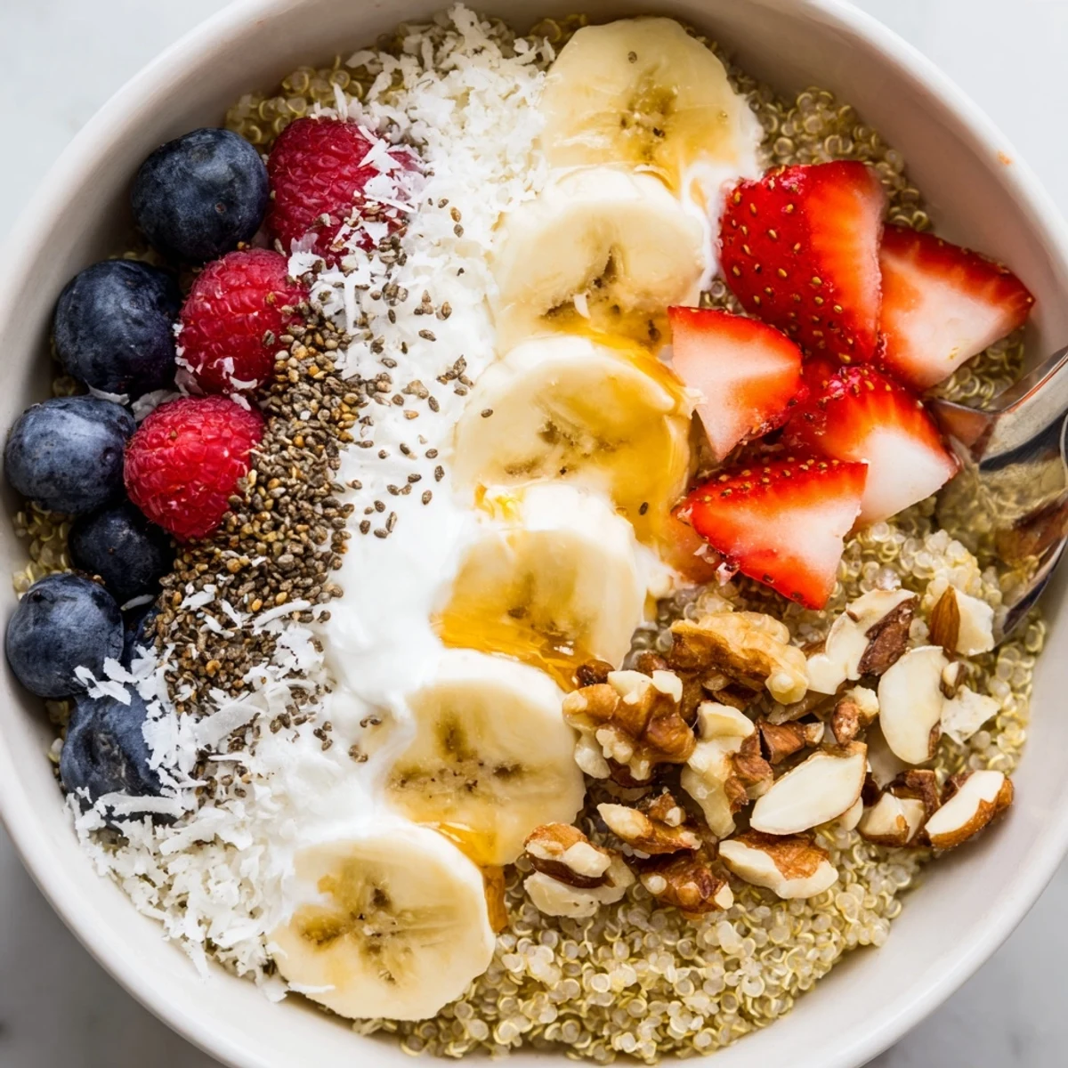Quinoa Breakfast Bowl with fluffy quinoa, honey drizzle, fresh berries, and banana.