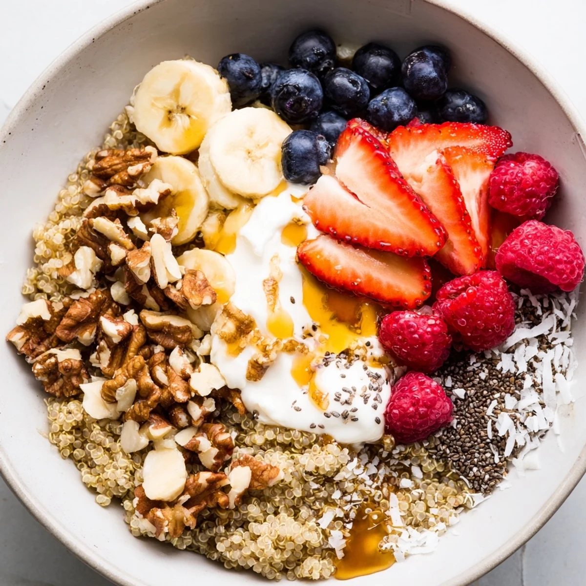 Warm Quinoa Breakfast Bowl topped with creamy yogurt, crunchy nuts, and cinnamon.