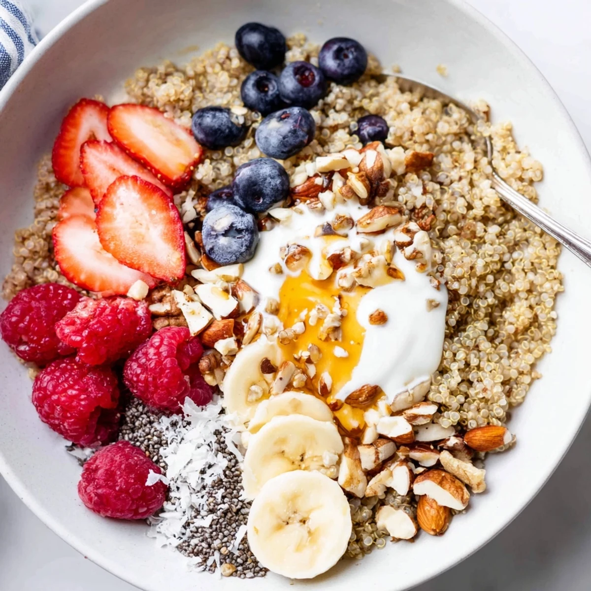 Sunlit Quinoa Breakfast Bowl ready to eat, nutty quinoa, juicy berries.