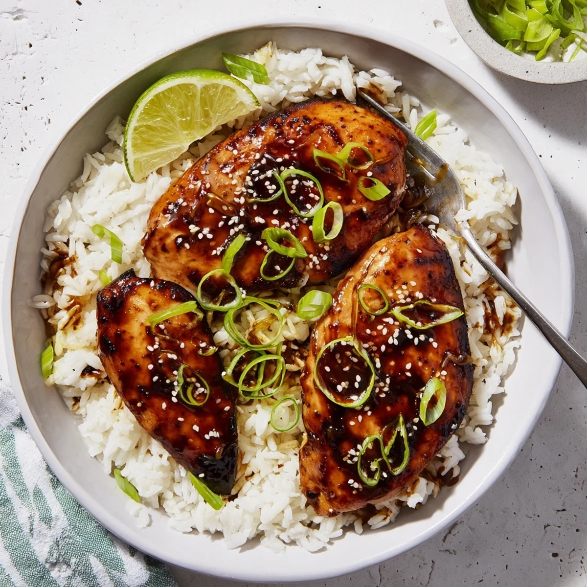 Glazed Spicy Maple Chicken And Coconut Rice topped with lime, sesame.