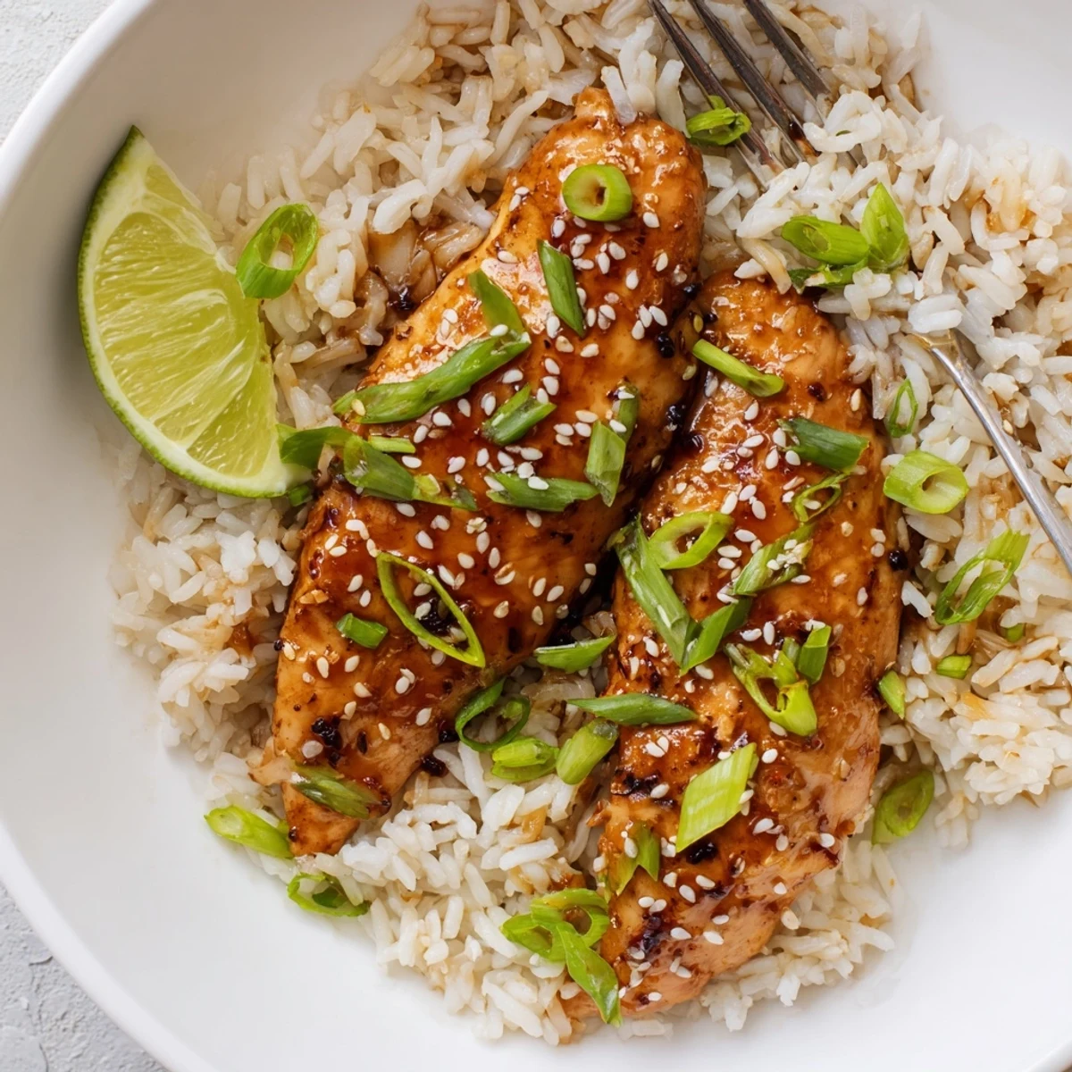Seared, juicy Spicy Maple Chicken And Coconut Rice steaming with aromatic coconut.