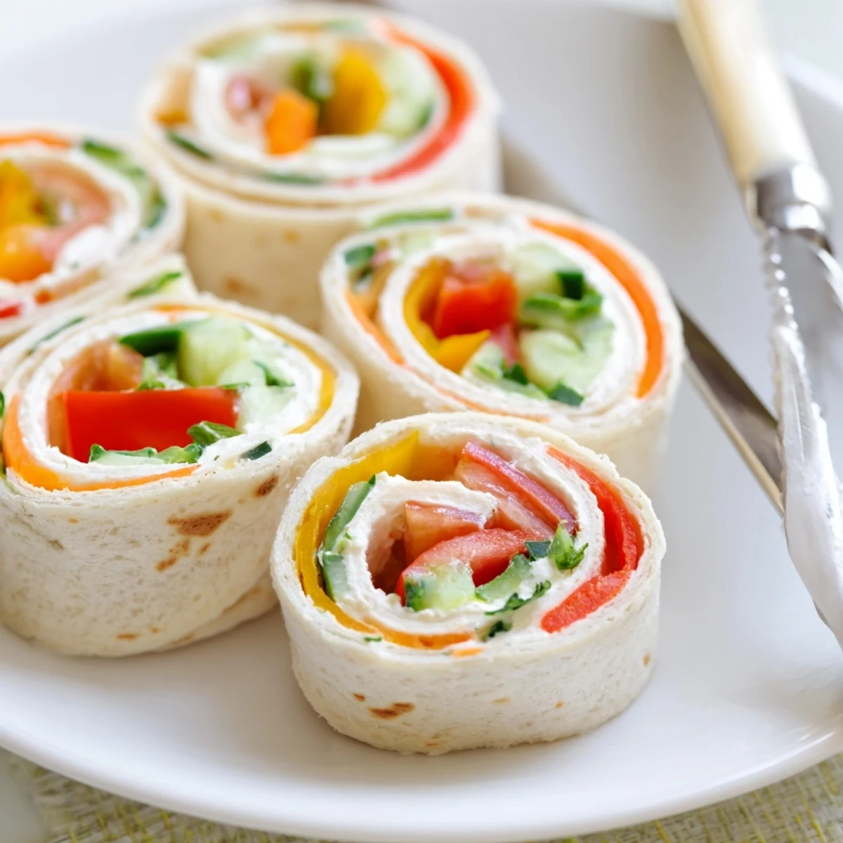 Vegetable Tortilla Roll Ups on platter, creamy filling and crisp veggies