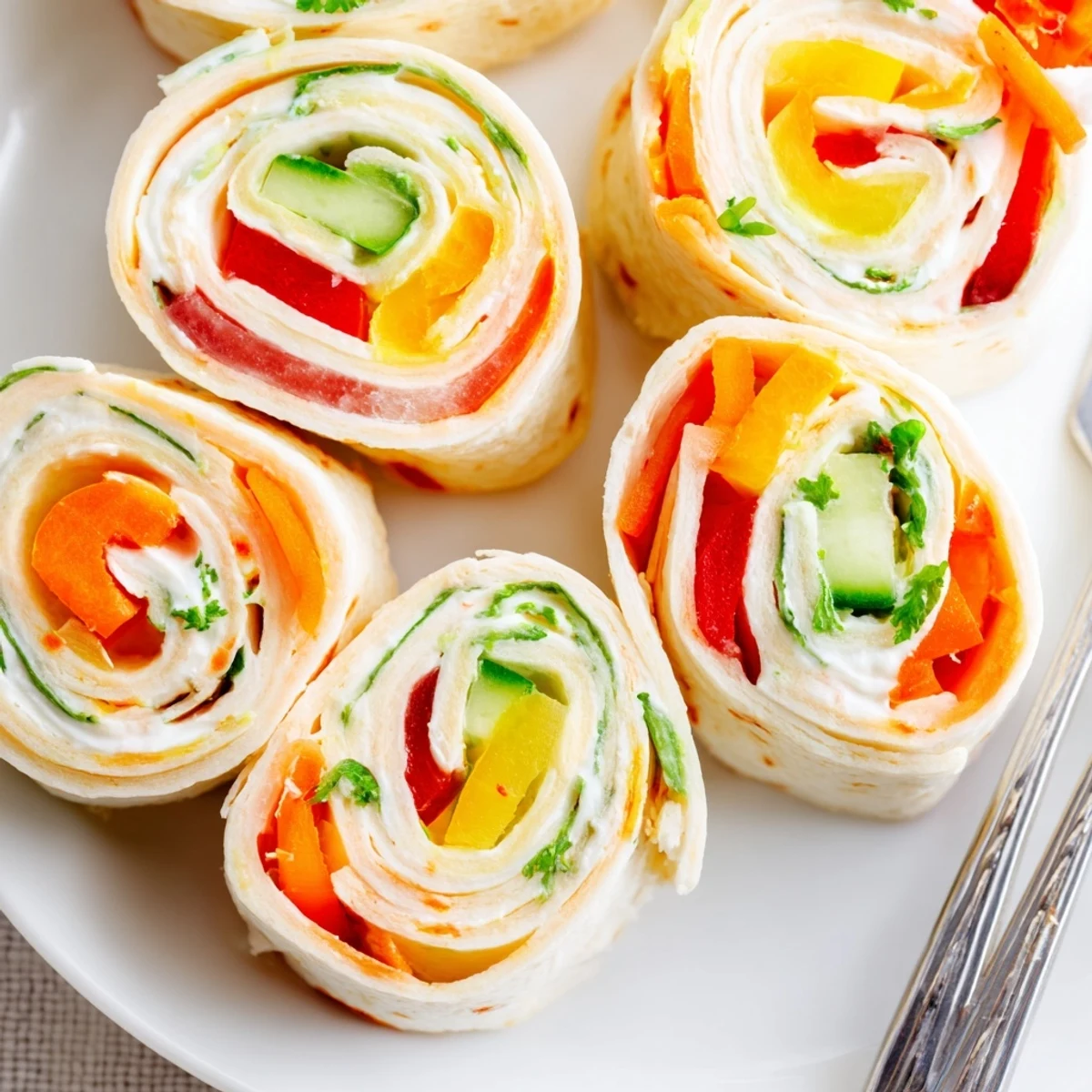 Colorful Vegetable Tortilla Roll Ups sliced bite size, ideal party appetizer