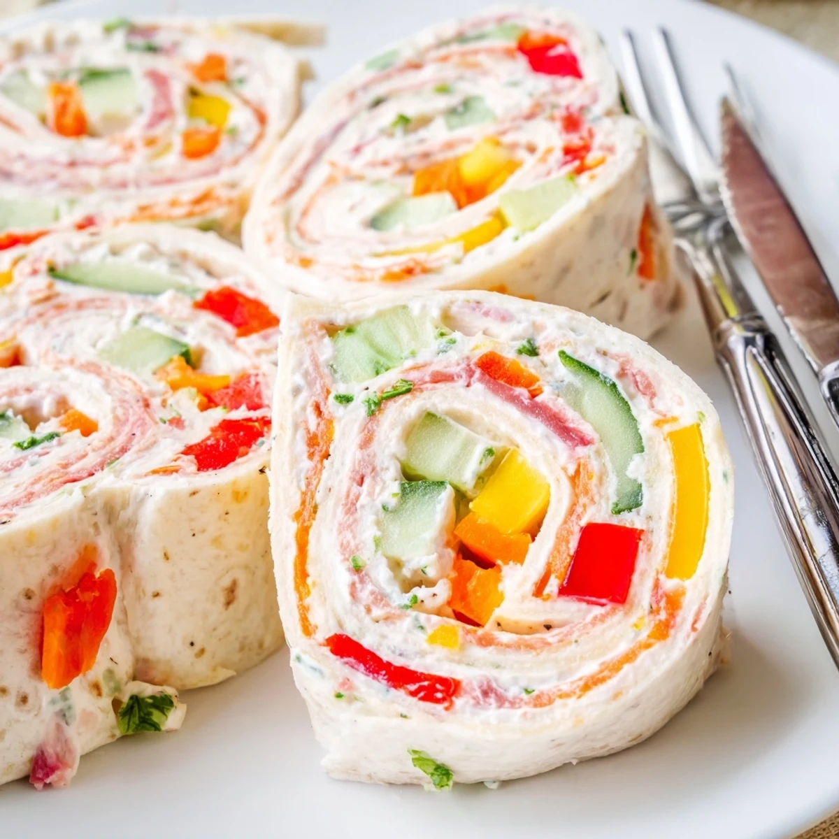 A platter of Vegetable Tortilla Roll Ups with tangy cream cheese spread