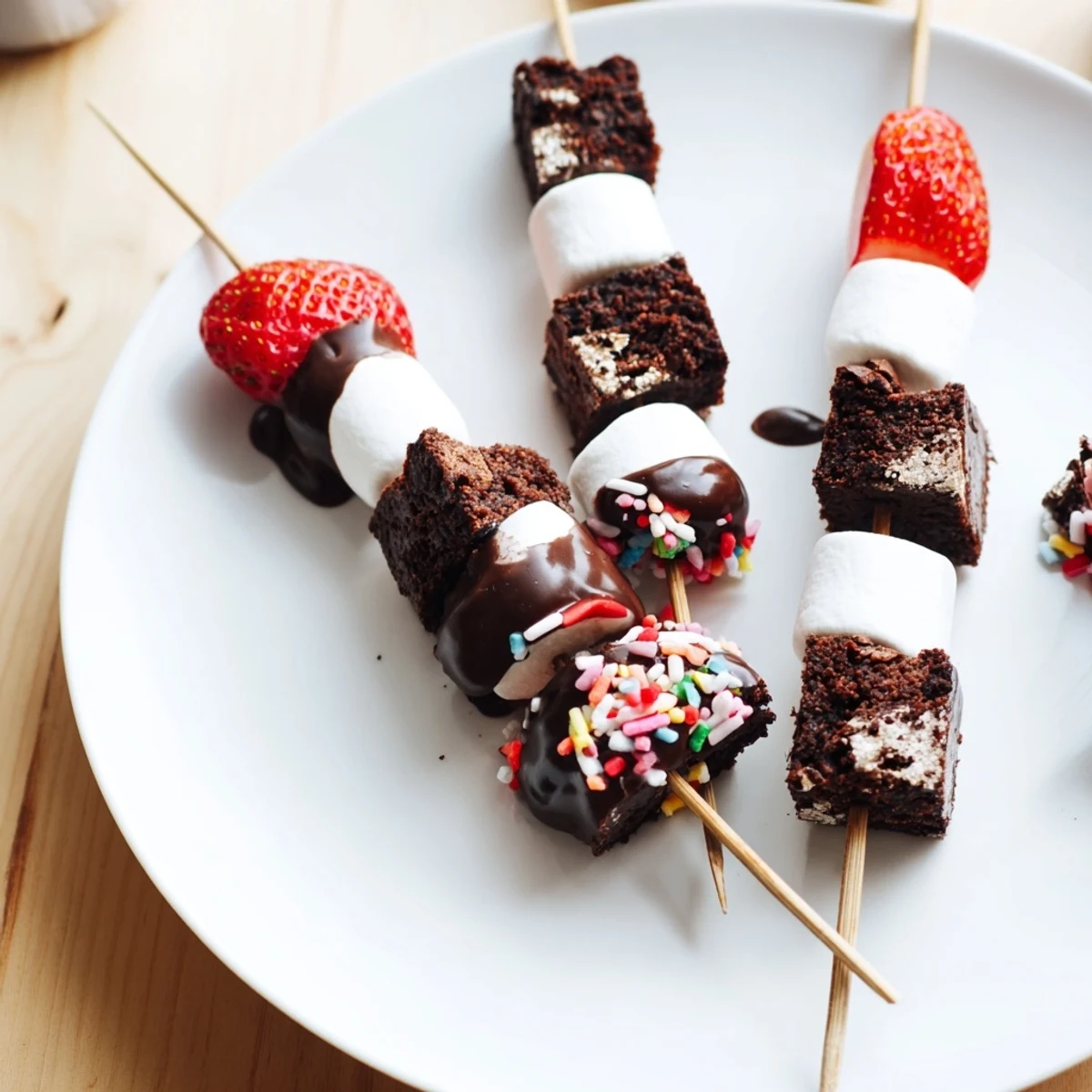 Sweet Strawberry Brownie Kabobs skewered with marshmallows, perfect for summer parties.