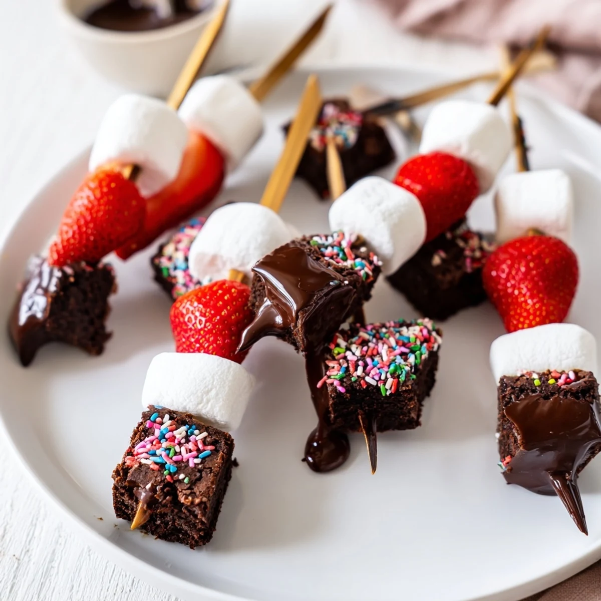 Sweet Strawberry Brownie Kabobs arranged on a platter, glossy chocolate drizzle.