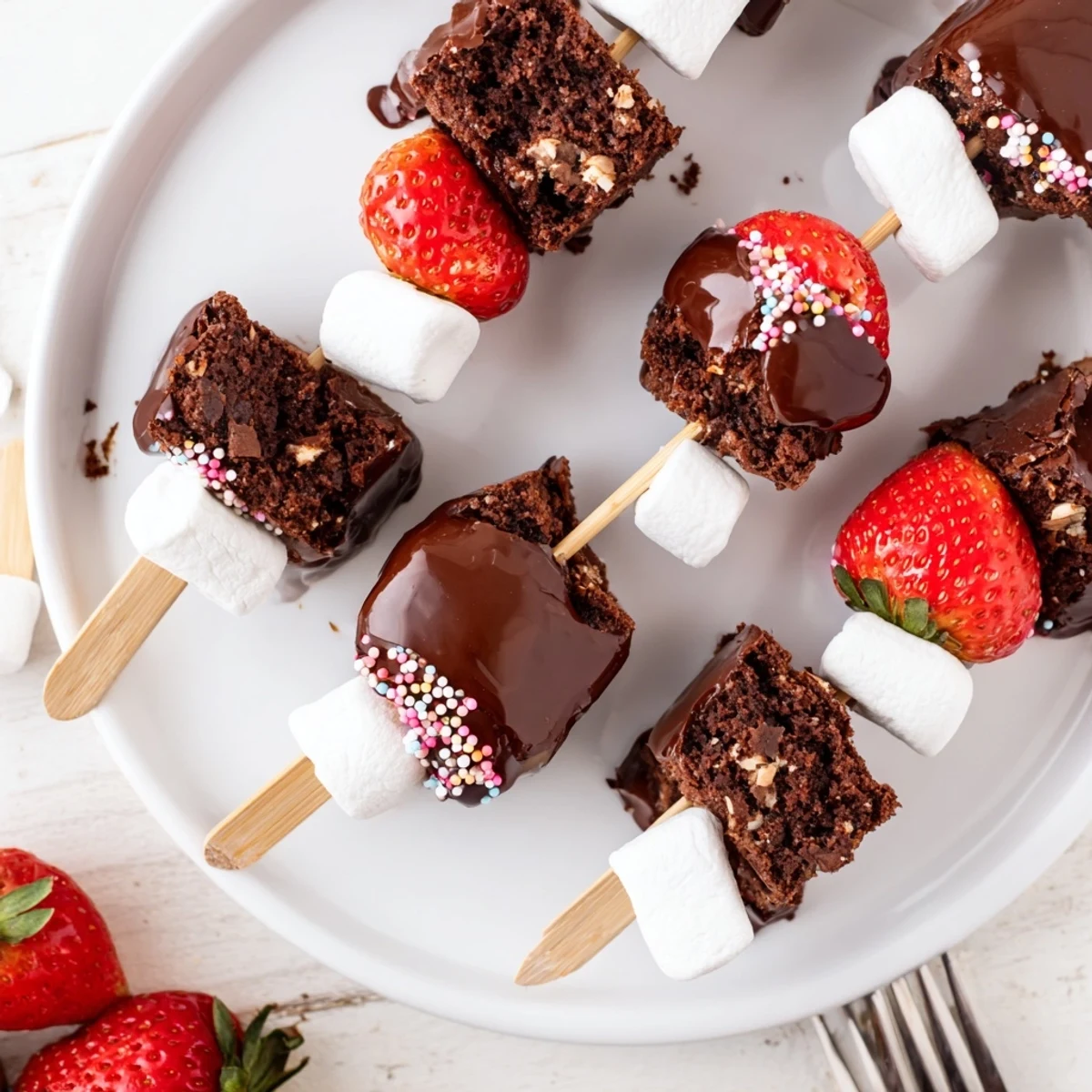 Sweet Strawberry Brownie Kabobs showcasing fudgy brownie bites and ripe strawberries.