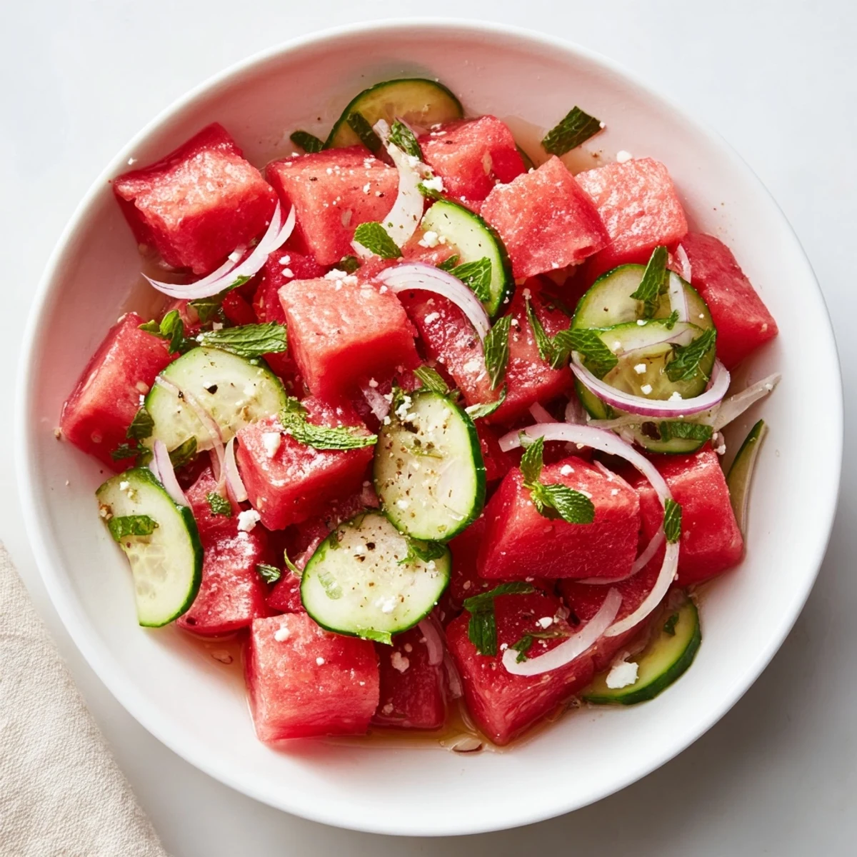 Watermelon Cucumber Salad with mint and lime, juicy cubes glistening on plate
