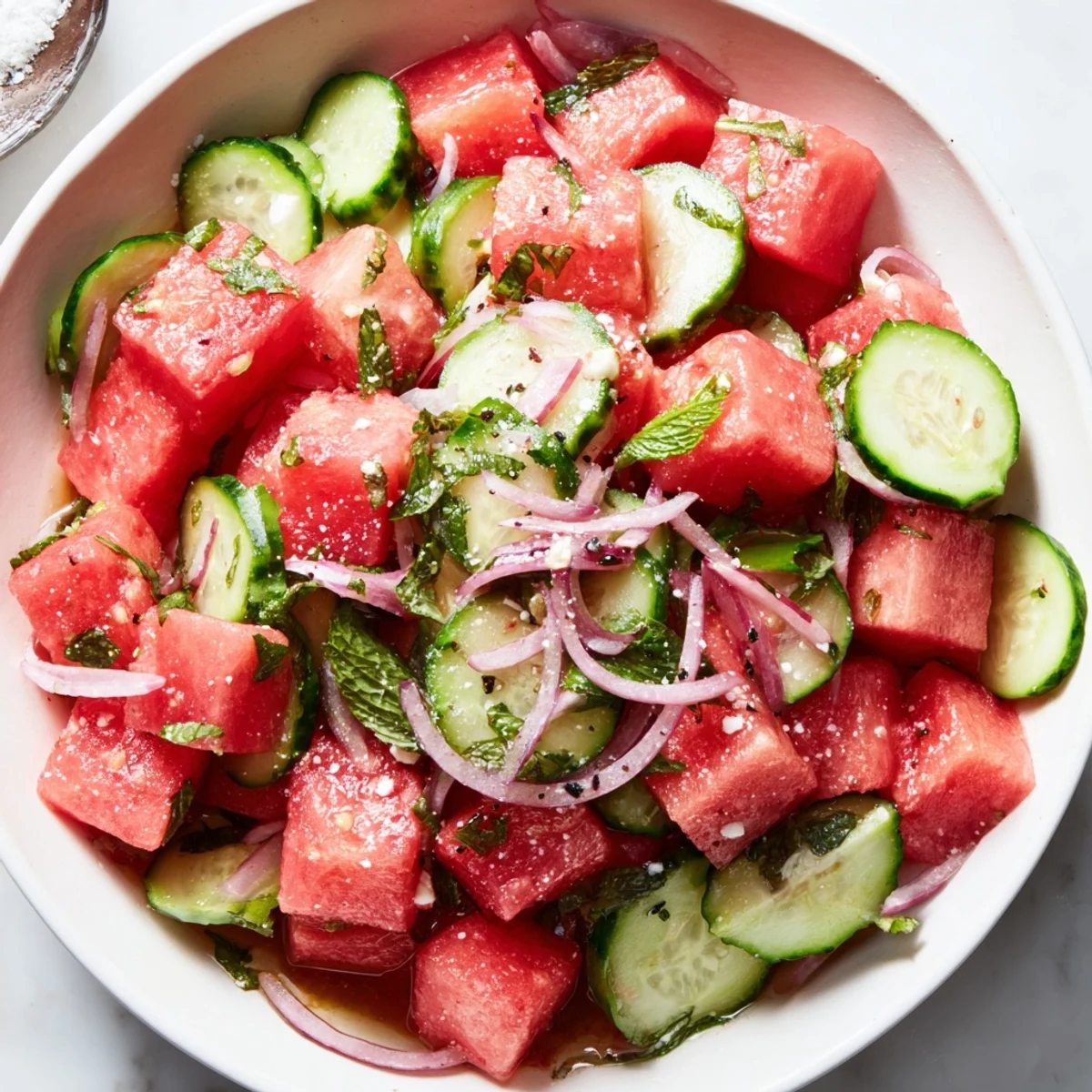 Bright Watermelon Cucumber Salad with crisp cucumber, tangy lime, optional feta