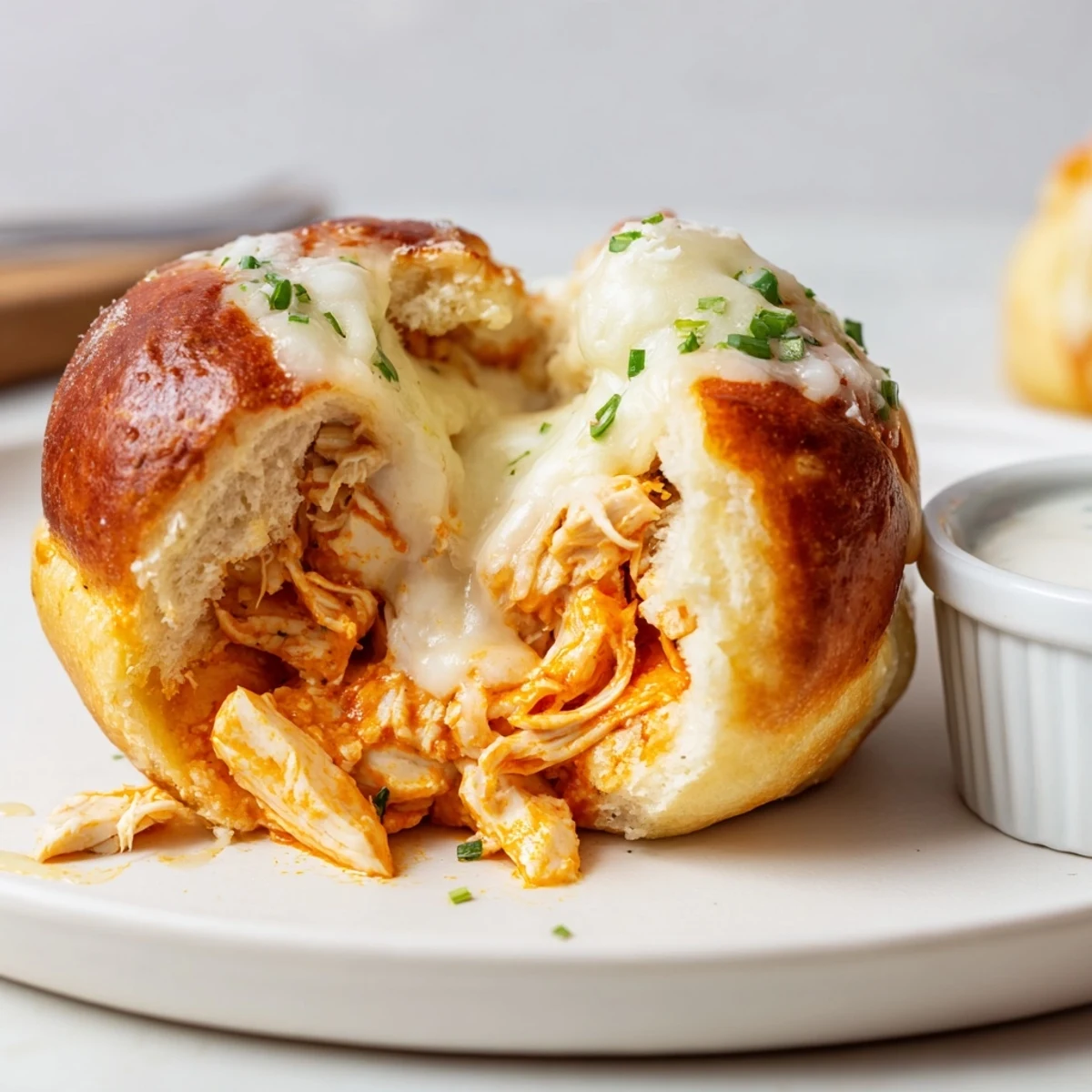 Tray of warm Buffalo Chicken Mozzarella Bombs beside ranch dip, perfect game-day appetizer