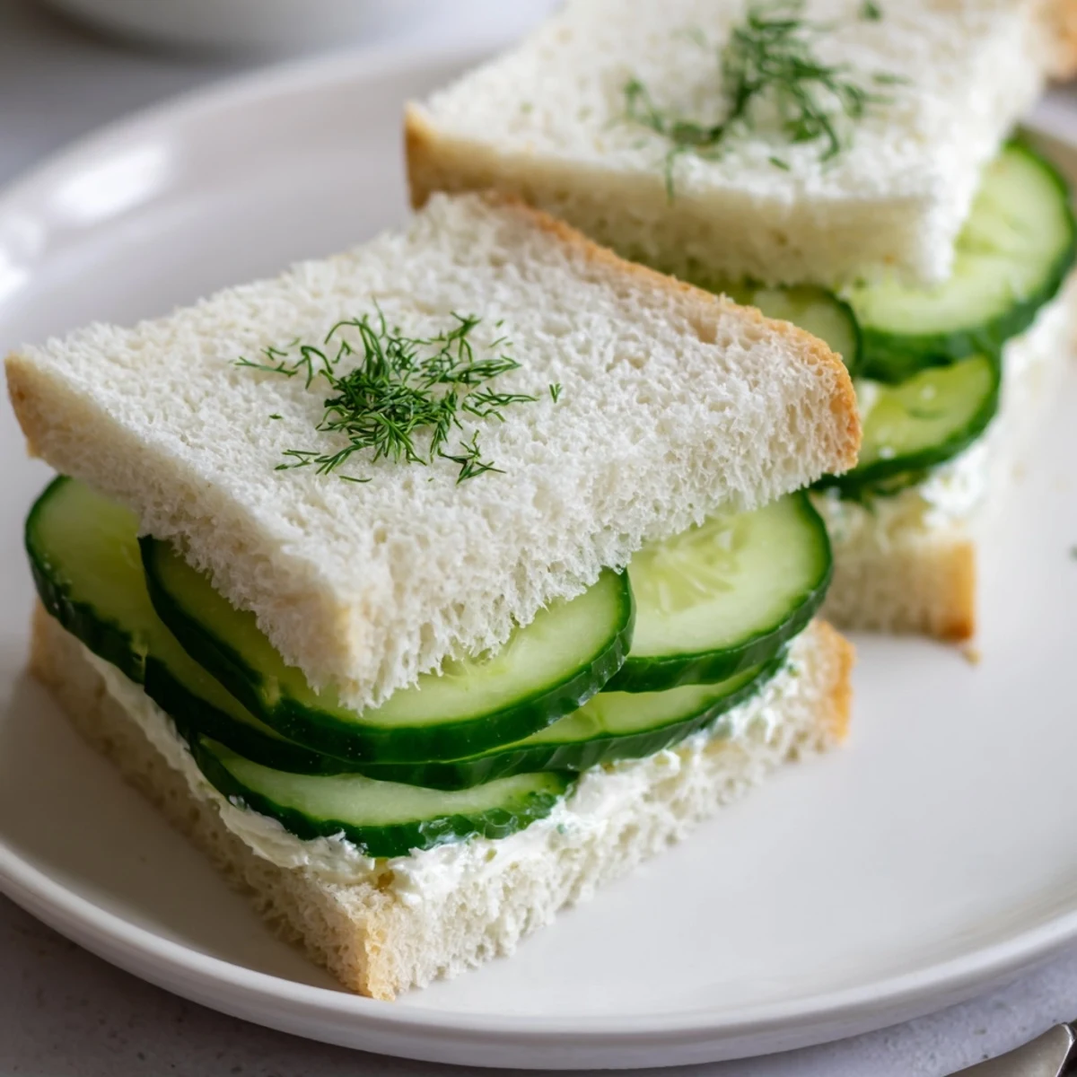 Classic Cucumber Sandwiches with thin crisp cucumber slices and creamy dill spread
