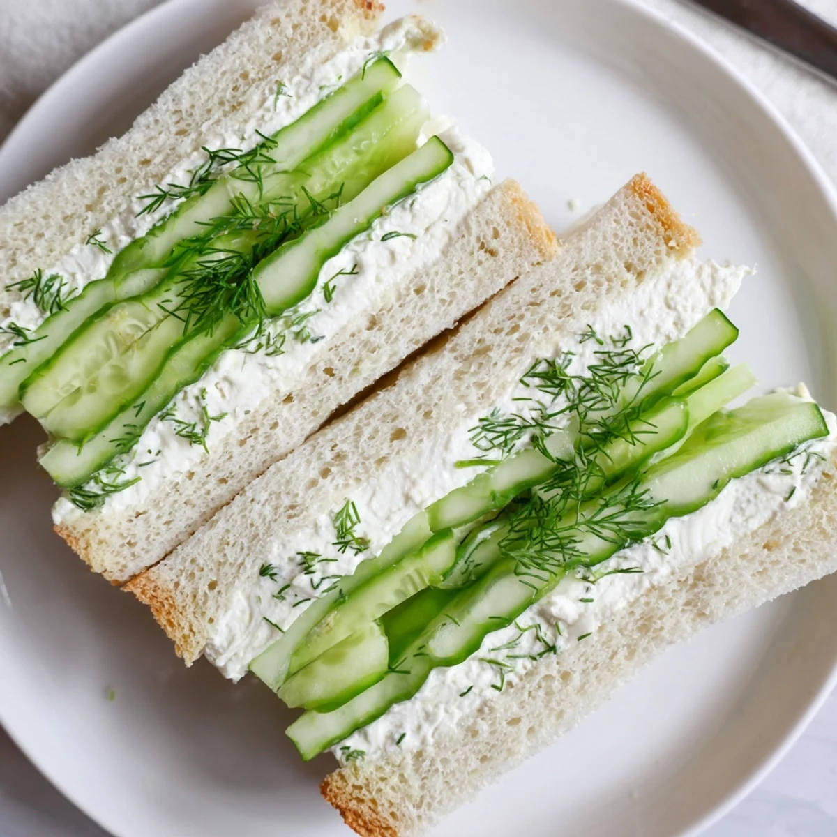 Plate of Classic Cucumber Sandwiches cut into triangles beside steaming tea