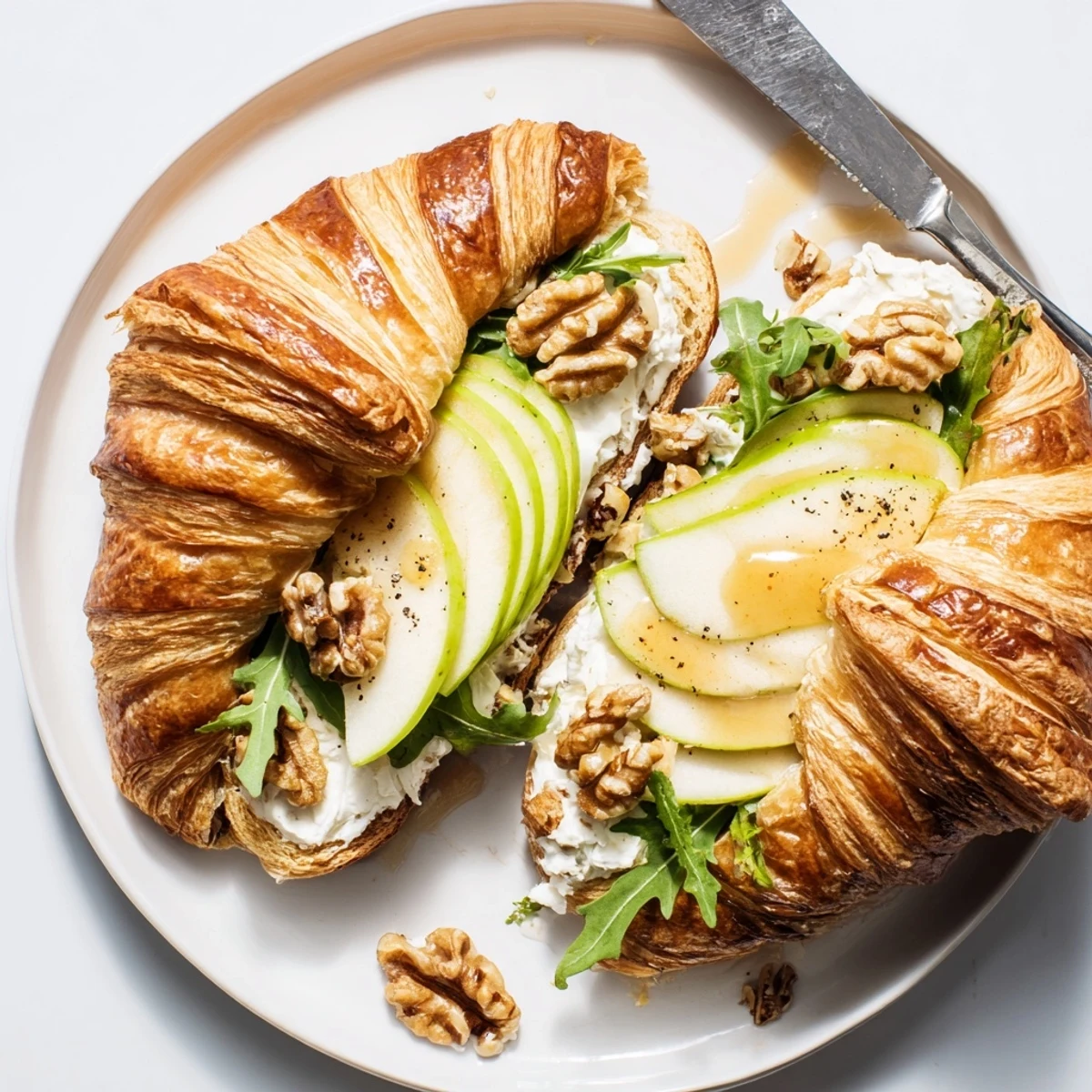 Apple Goat Cheese Croissant Sandwich with crisp apple slices and honey drizzle