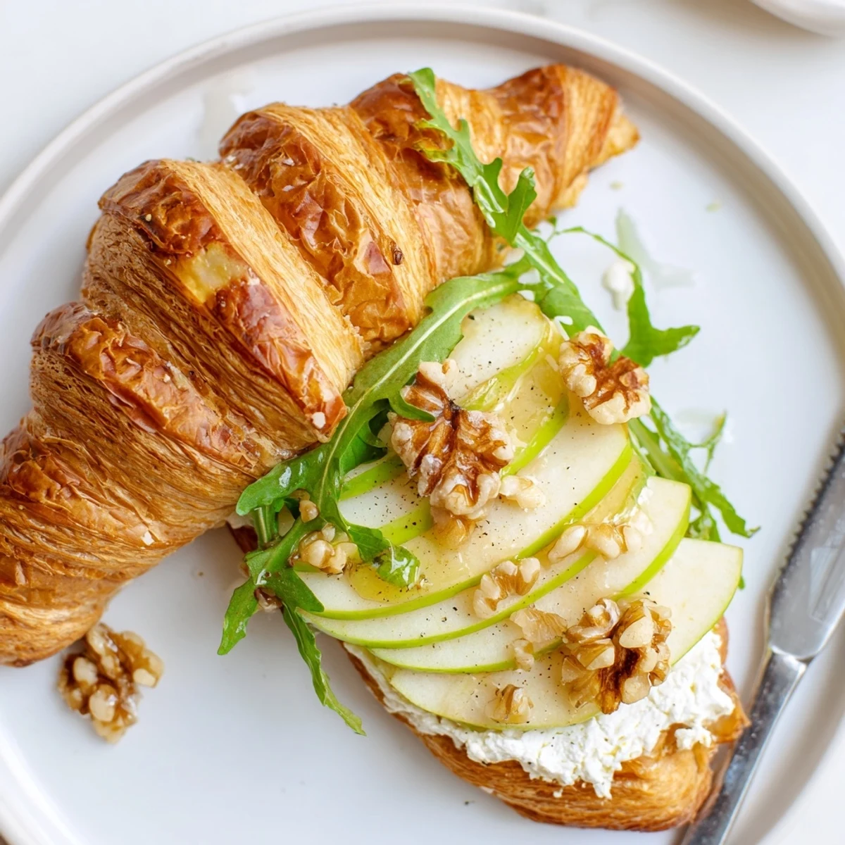 Apple Goat Cheese Croissant Sandwich served warm beside tea, tangy and flaky