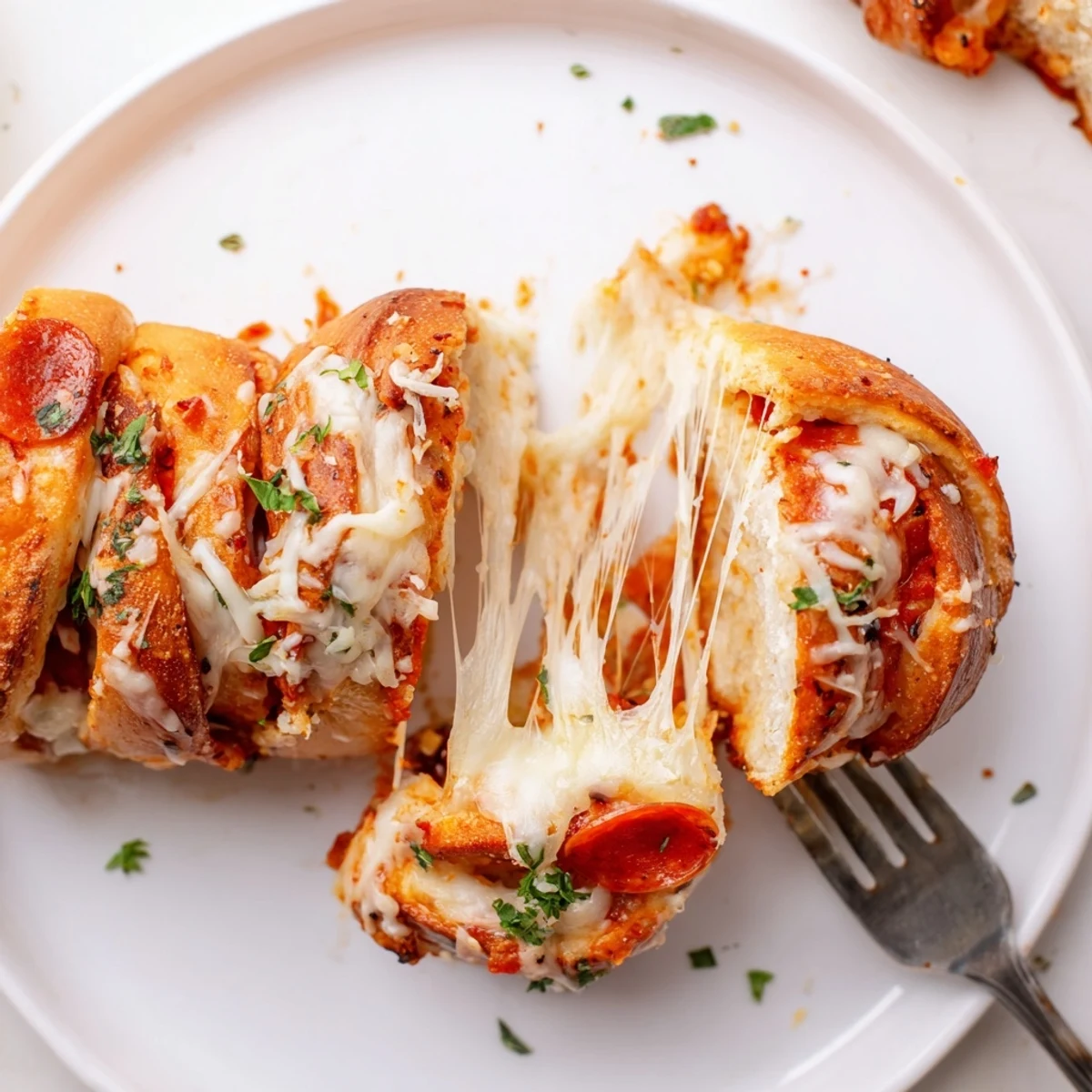 Steaming Homemade Pizza Rolls brushed with garlic butter, sprinkled parsley for serving