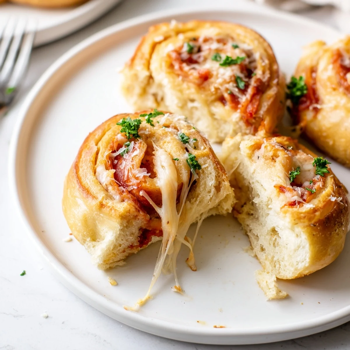 Cut Homemade Pizza Rolls revealing tangy tomato sauce, pepperoni pockets, soft fluffy interior