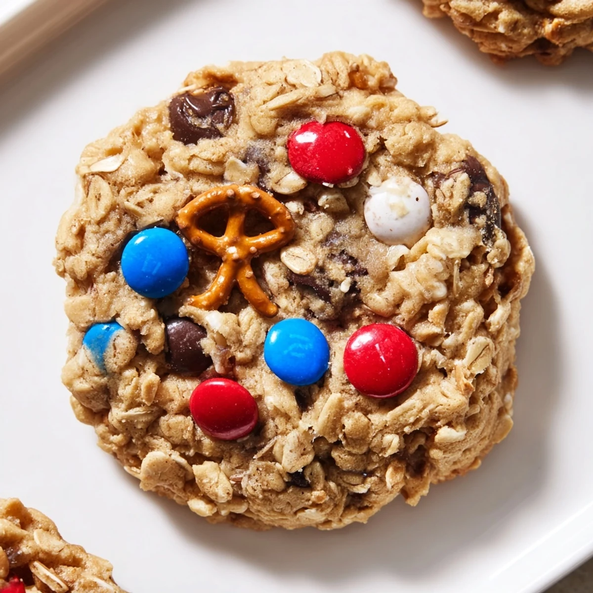 Warm Patriotic Monster Cookies cooling on a rack, chewy oats and colorful candies
