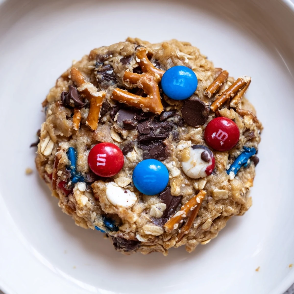 Plate of Patriotic Monster Cookies studded with chocolate chips and crushed pretzels