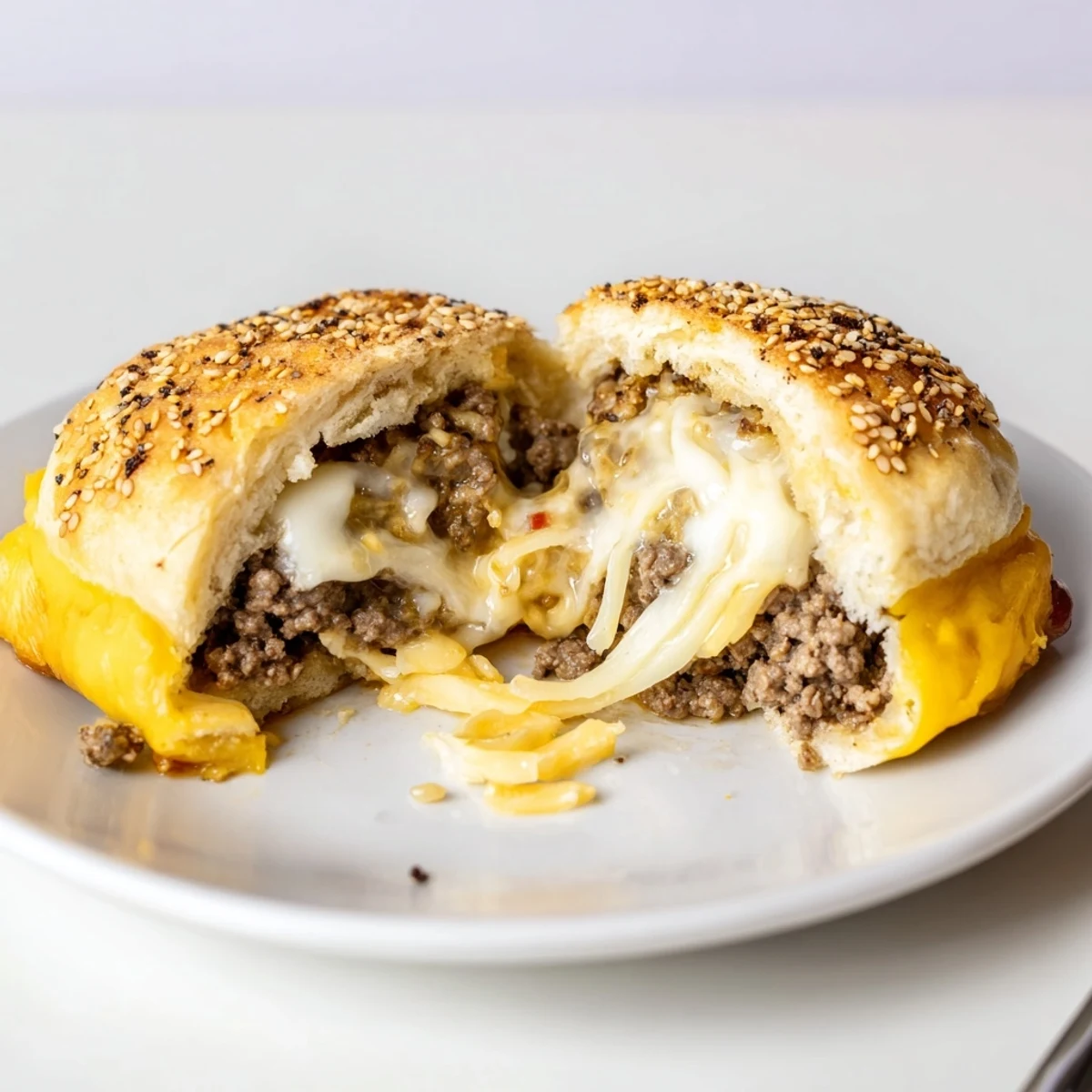 Golden brown Cheesy Cheeseburger Bombs oozing cheddar, sesame topped, served with ketchup.