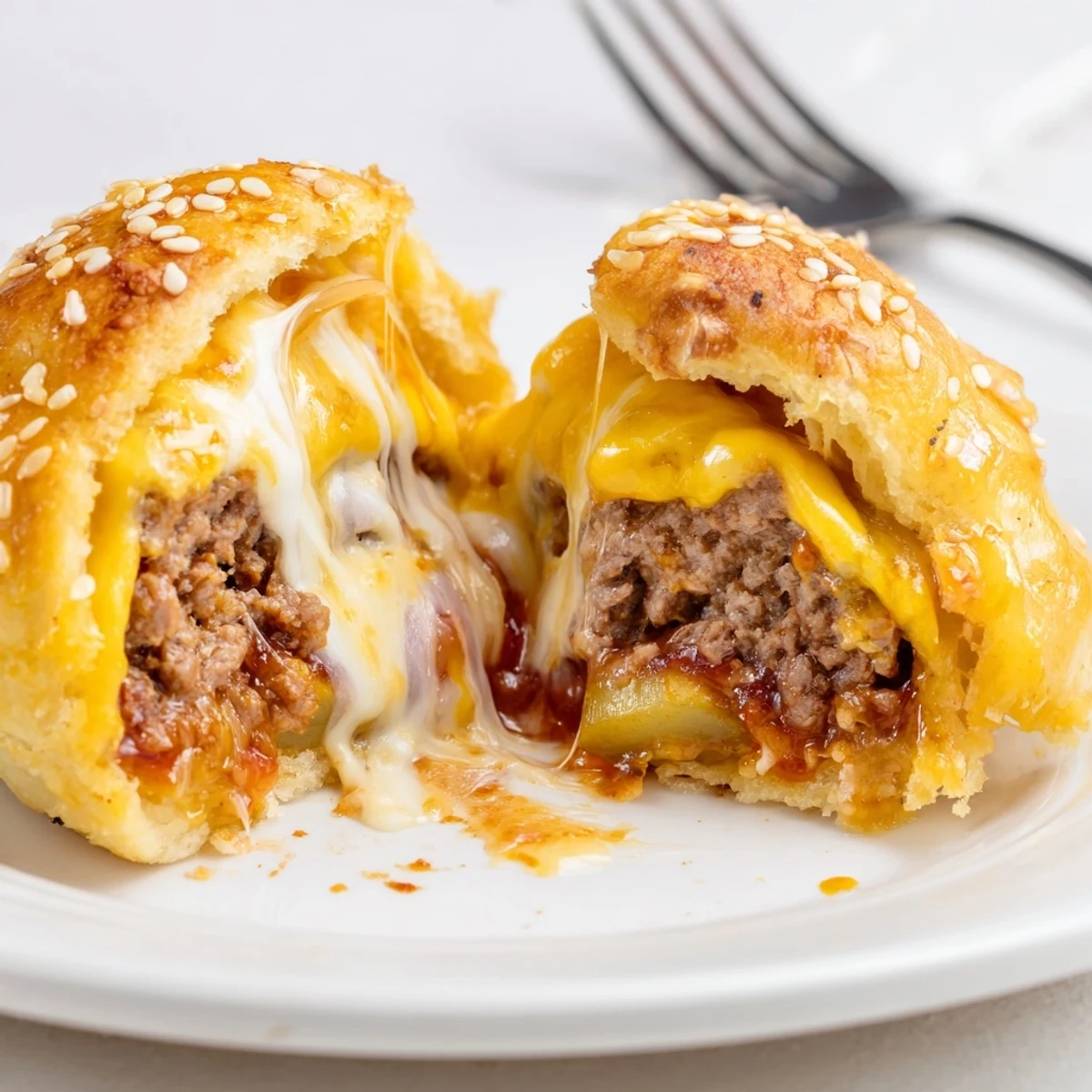 Crisp biscuit wrapped Cheesy Cheeseburger Bombs, tangy pickle bits, ready for dipping.