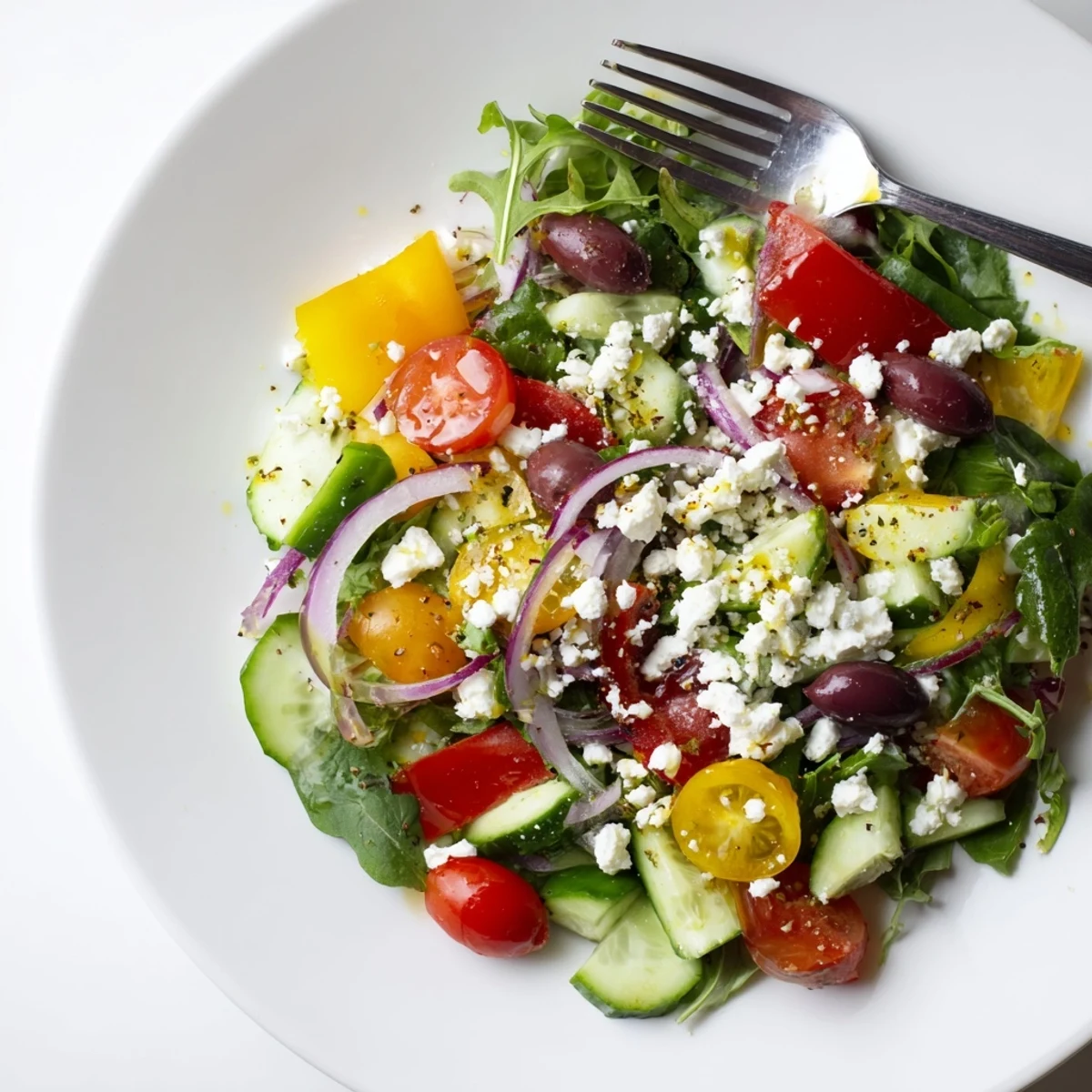 Bright Fresh Salad Recipe featuring cucumber, red pepper, feta, perfect light lunch