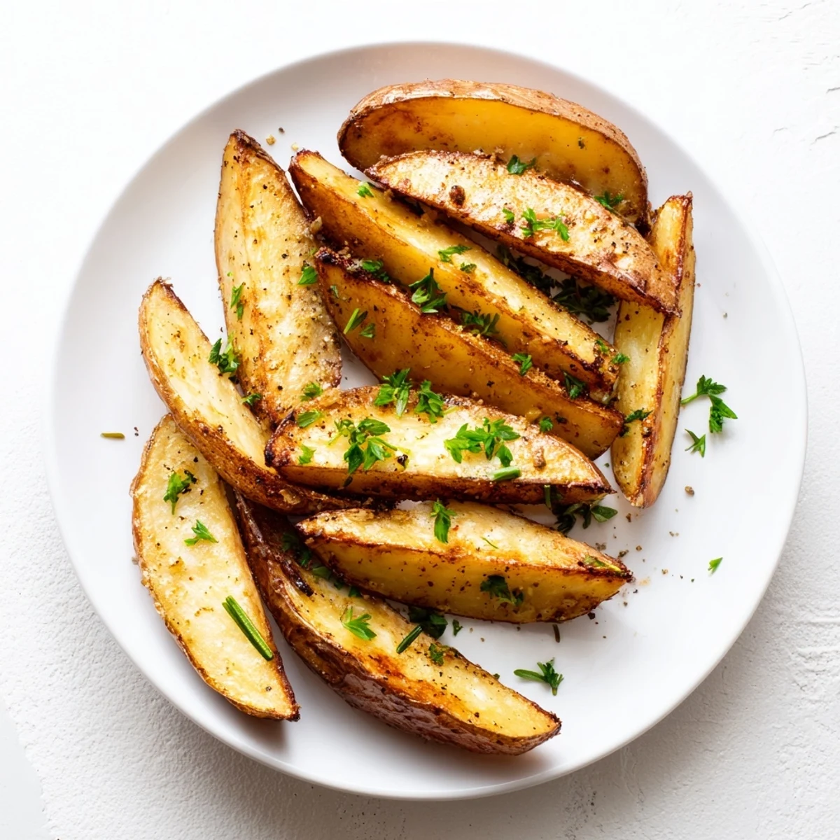 Crispy potato wedges served hot on a baking sheet beside garlic aioli dip.