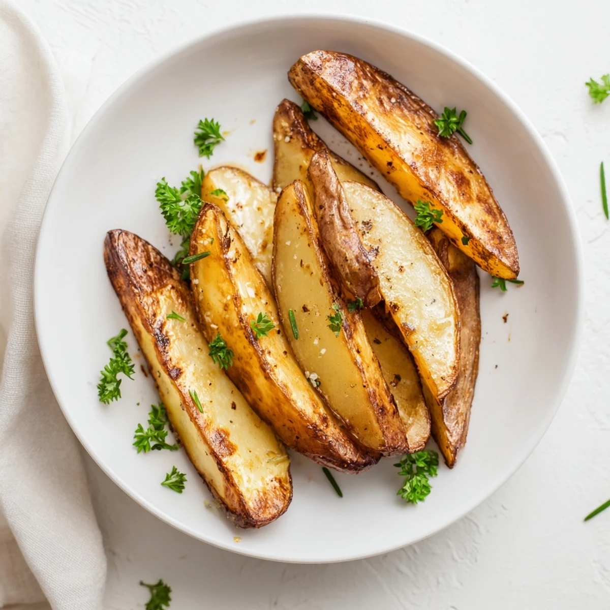 Golden oven-baked potato wedges with crispy edges and fluffy centers, sprinkled with parsley.