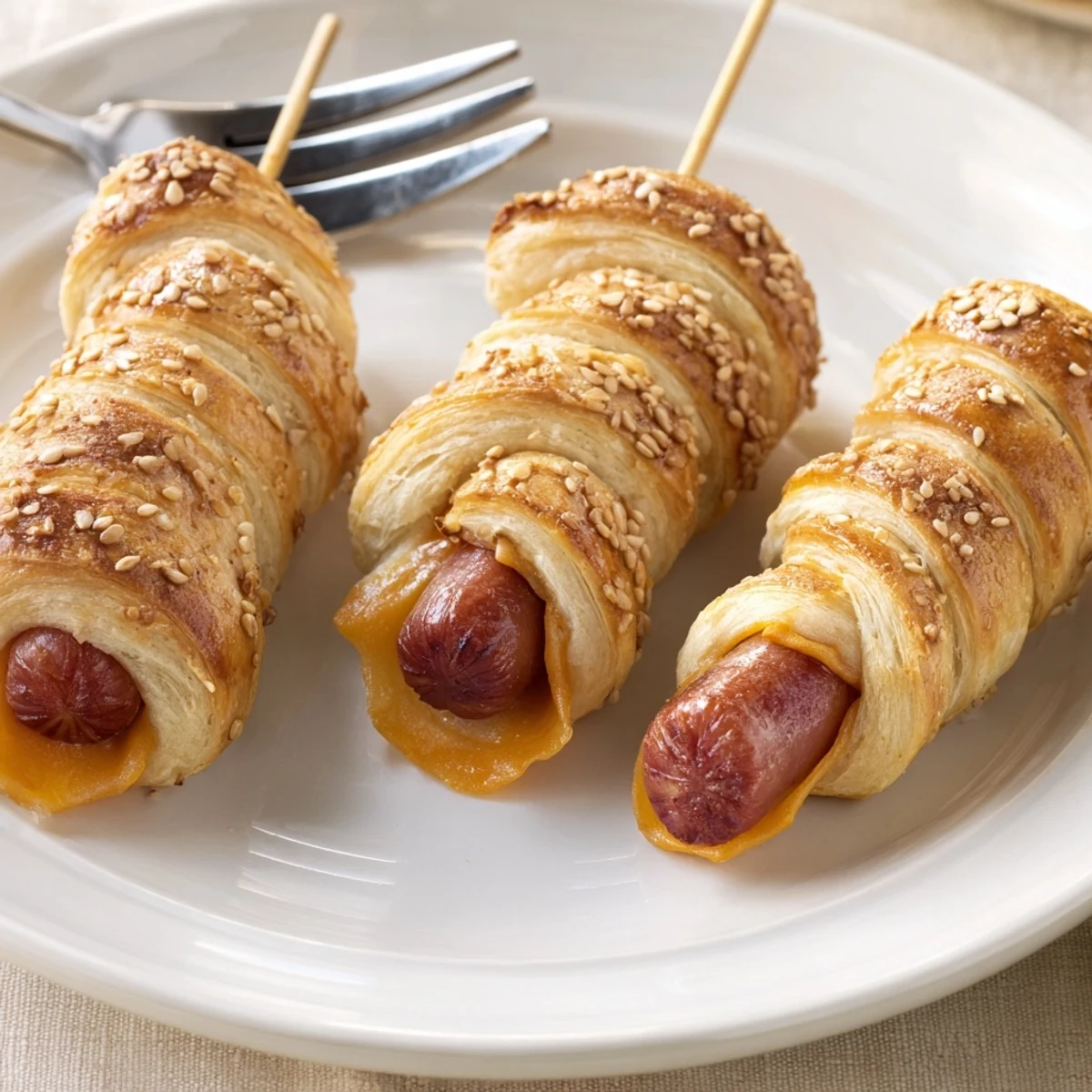 Firecracker Hot Dogs spiraled in crescent dough, cheese peeking, ketchup ready