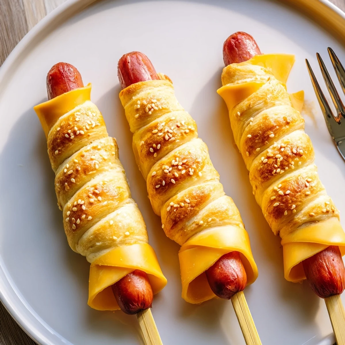 Golden baked Firecracker Hot Dogs brushed with butter, sesame seeds, steaming