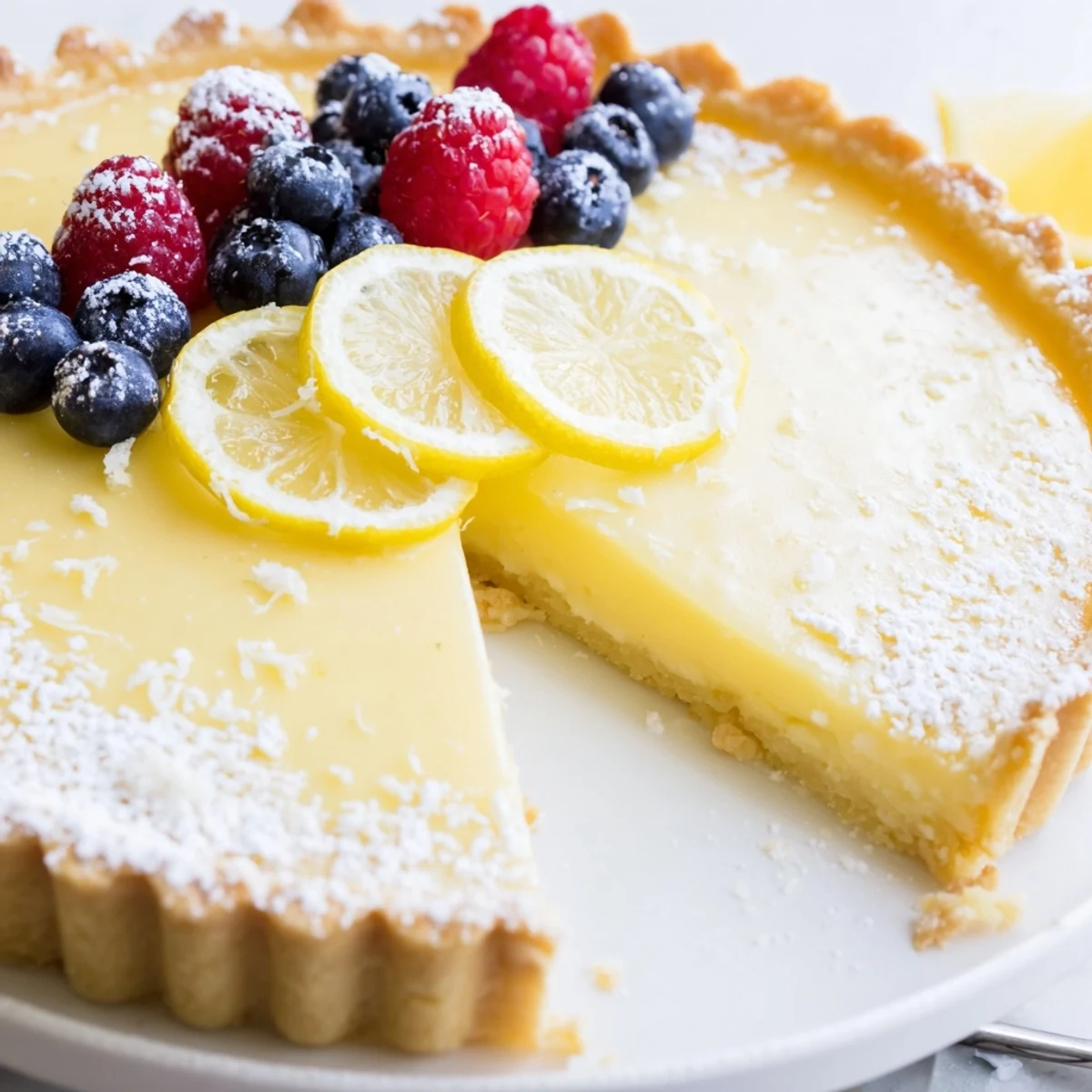 Creamy Lemon Tart Recipe: silky filling and golden crust dusted with powdered sugar