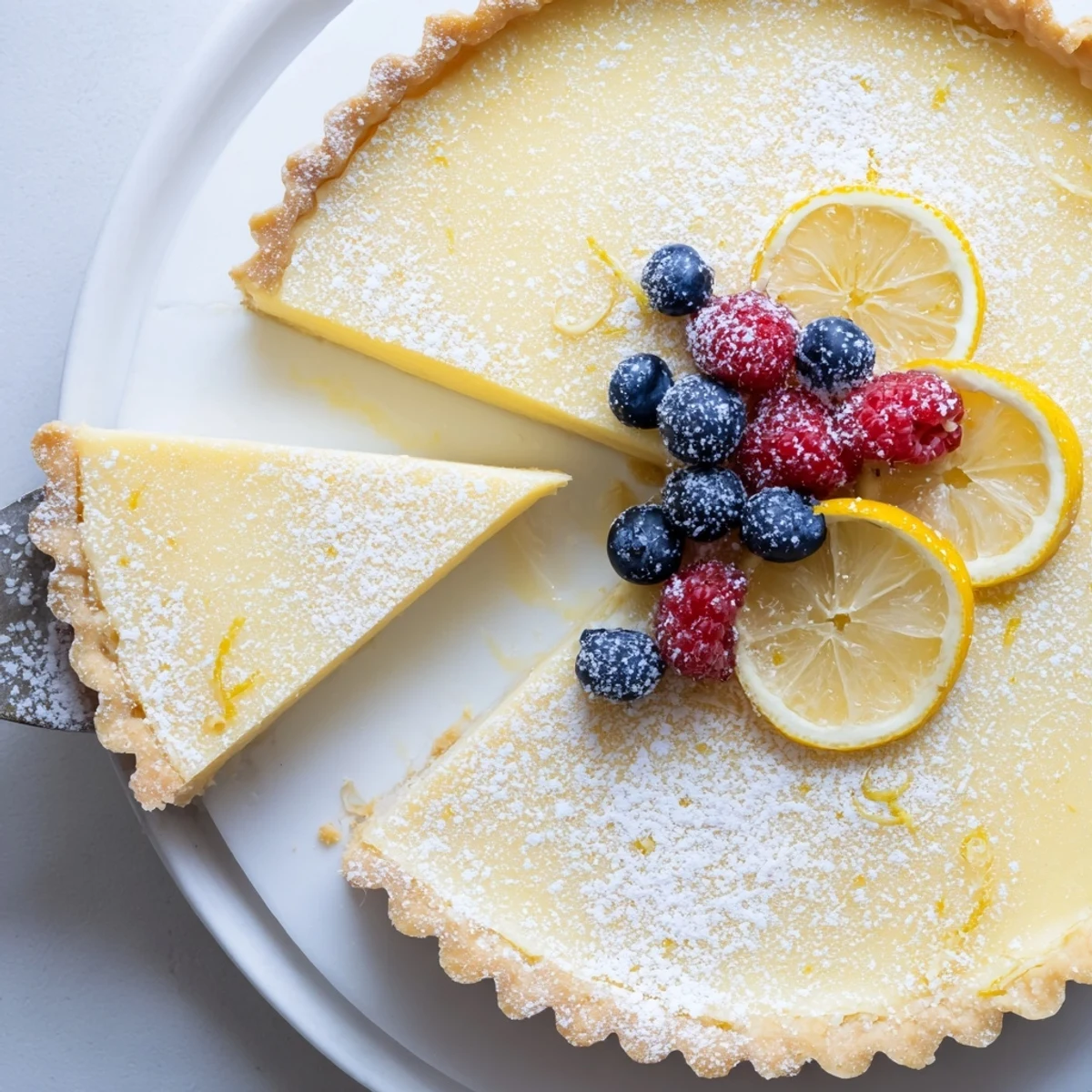 Fresh berries beside a chilled Creamy Lemon Tart Recipe on serving plate