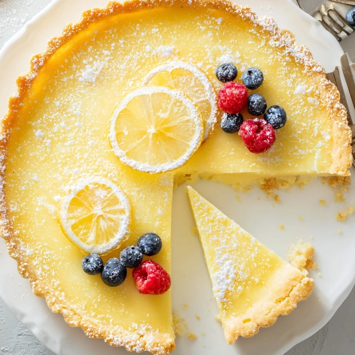 Baker slicing a wobbly center of the Creamy Lemon Tart Recipe