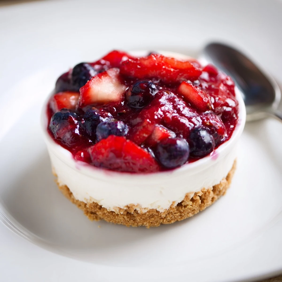 Berry No Bake Cheesecakes in glasses topped with glossy berry compote, chilled