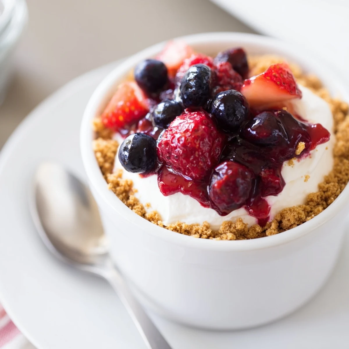 Layered Berry No Bake Cheesecakes showing creamy filling, crunchy biscuit base