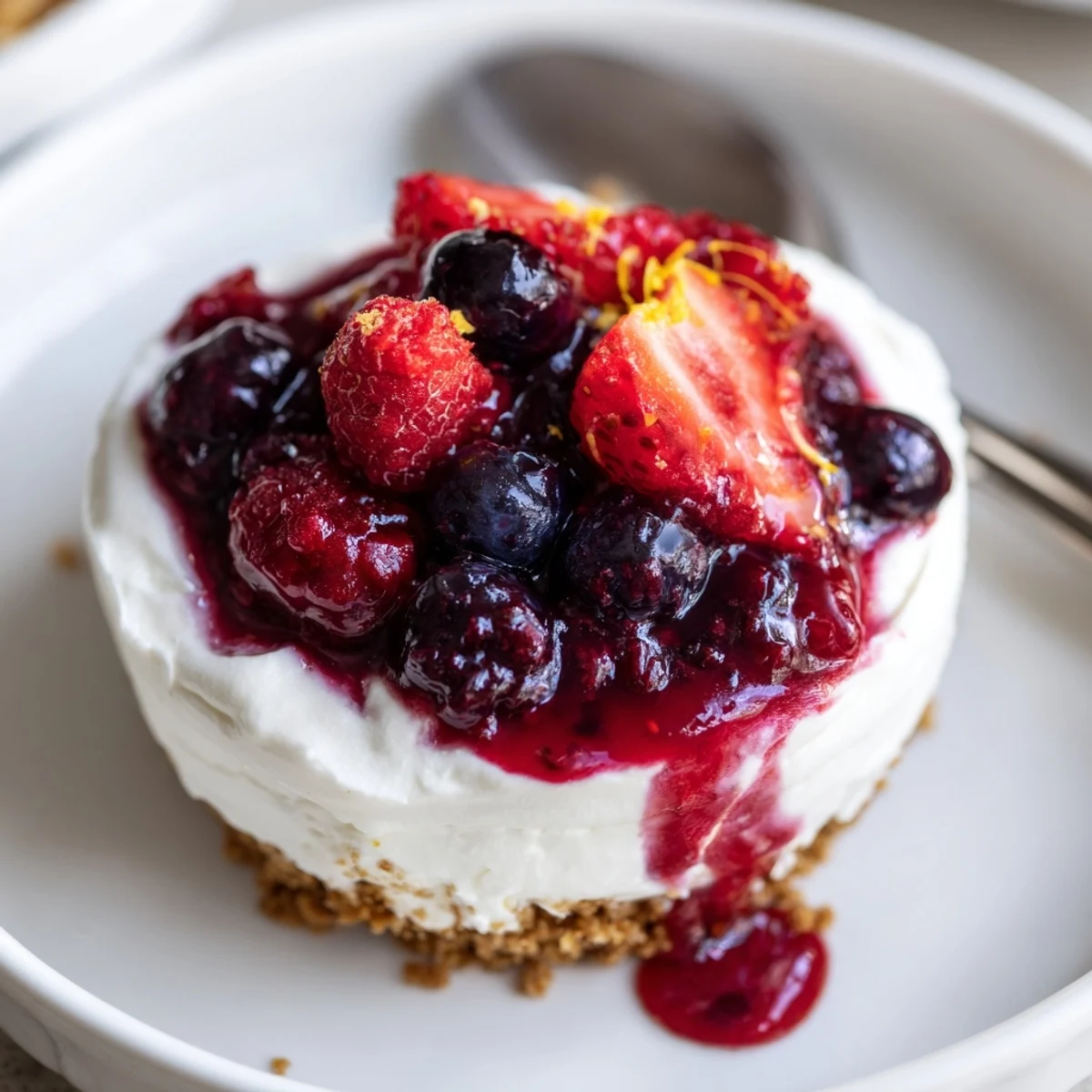 Individual Berry No Bake Cheesecakes garnished with lemon zest and fresh berries