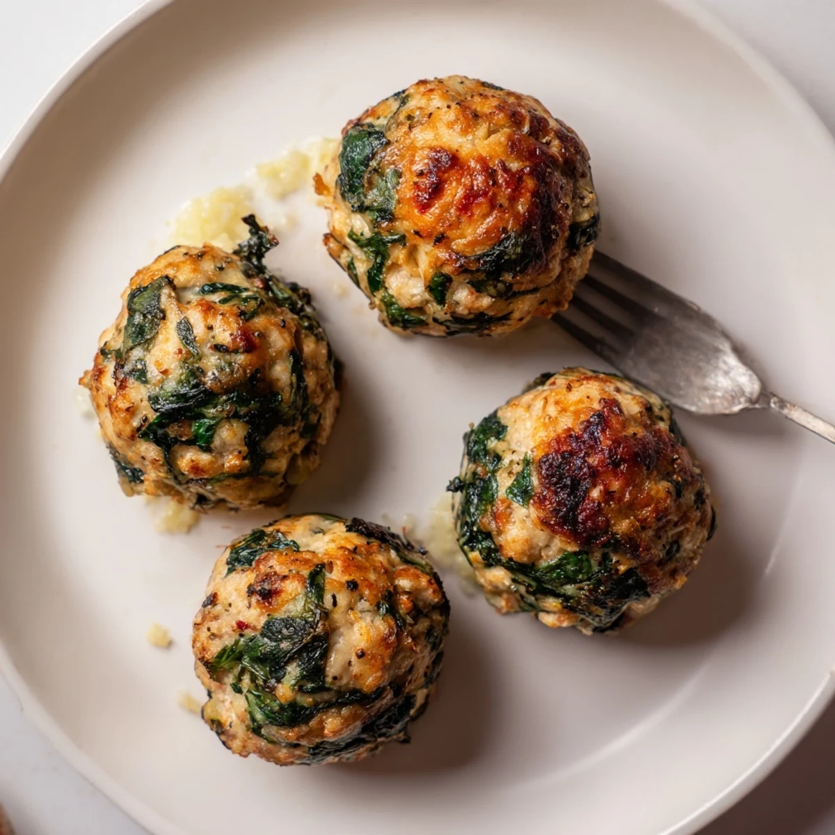 Low Carb Spinach Chicken Meatballs glistening golden, served over cauliflower rice