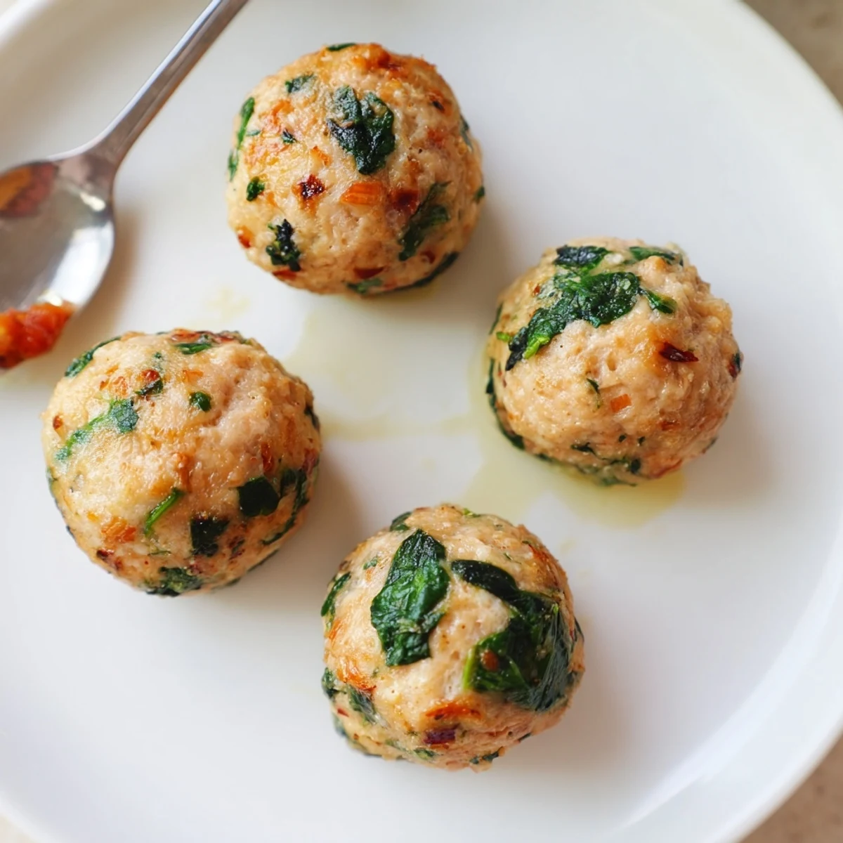 Baked Low Carb Spinach Chicken Meatballs with warm marinara and fresh basil