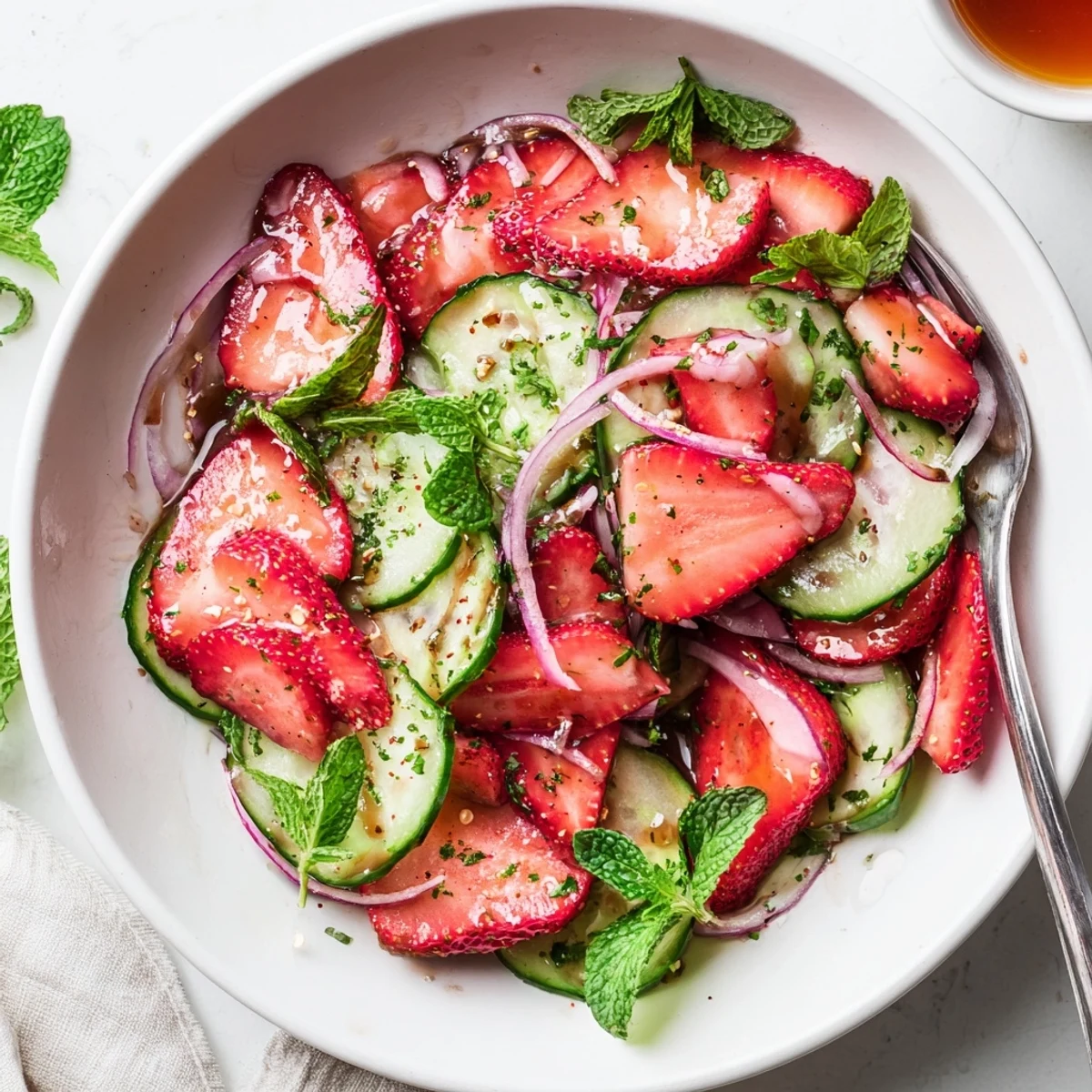 Cucumber Strawberry Salad with crisp cucumbers, sweet berries, mint, balsamic sheen