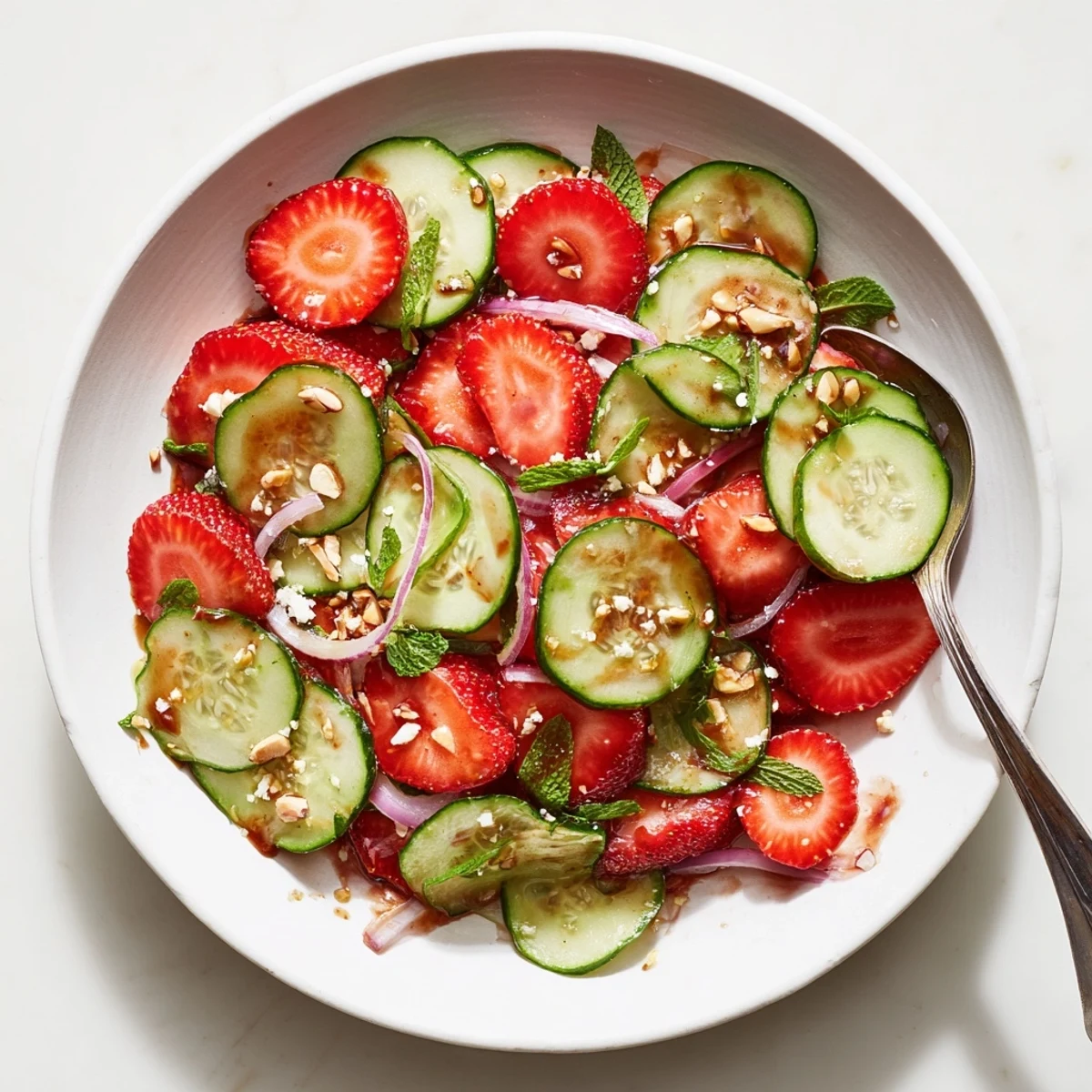 Chilled Cucumber Strawberry Salad recipe tossed with honey-balsamic dressing and crumbled feta