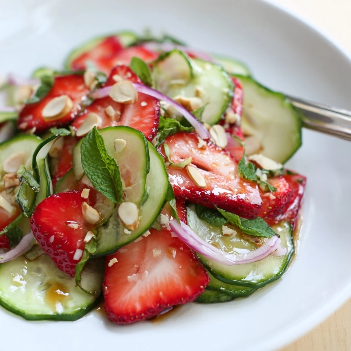 Light Cucumber Strawberry Salad served in a bowl, crunchy cucumbers, juicy strawberries