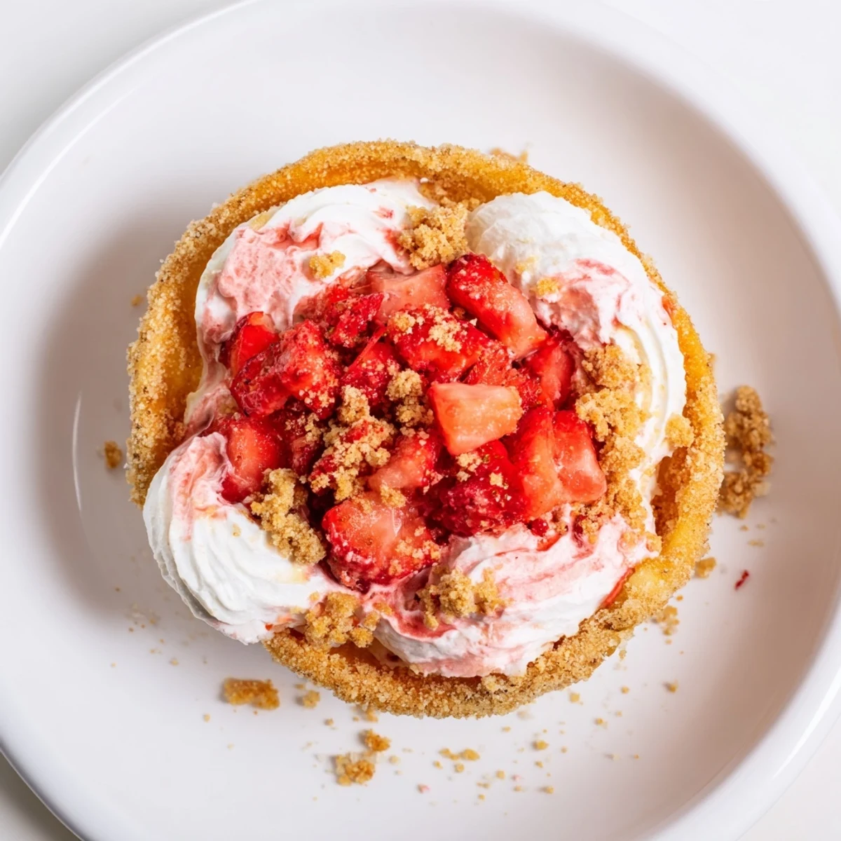 Creamy filling and diced berries inside Strawberry Crunch Cheesecake Tacos on platter.