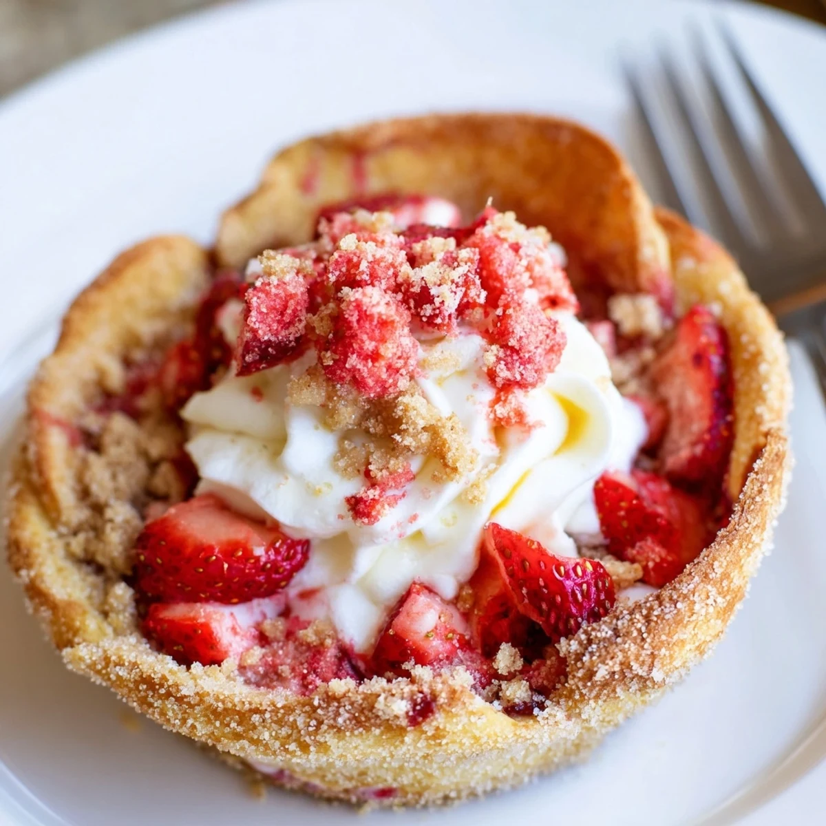 Golden cinnamon taco shells cradle chilled Strawberry Crunch Cheesecake Tacos for parties.