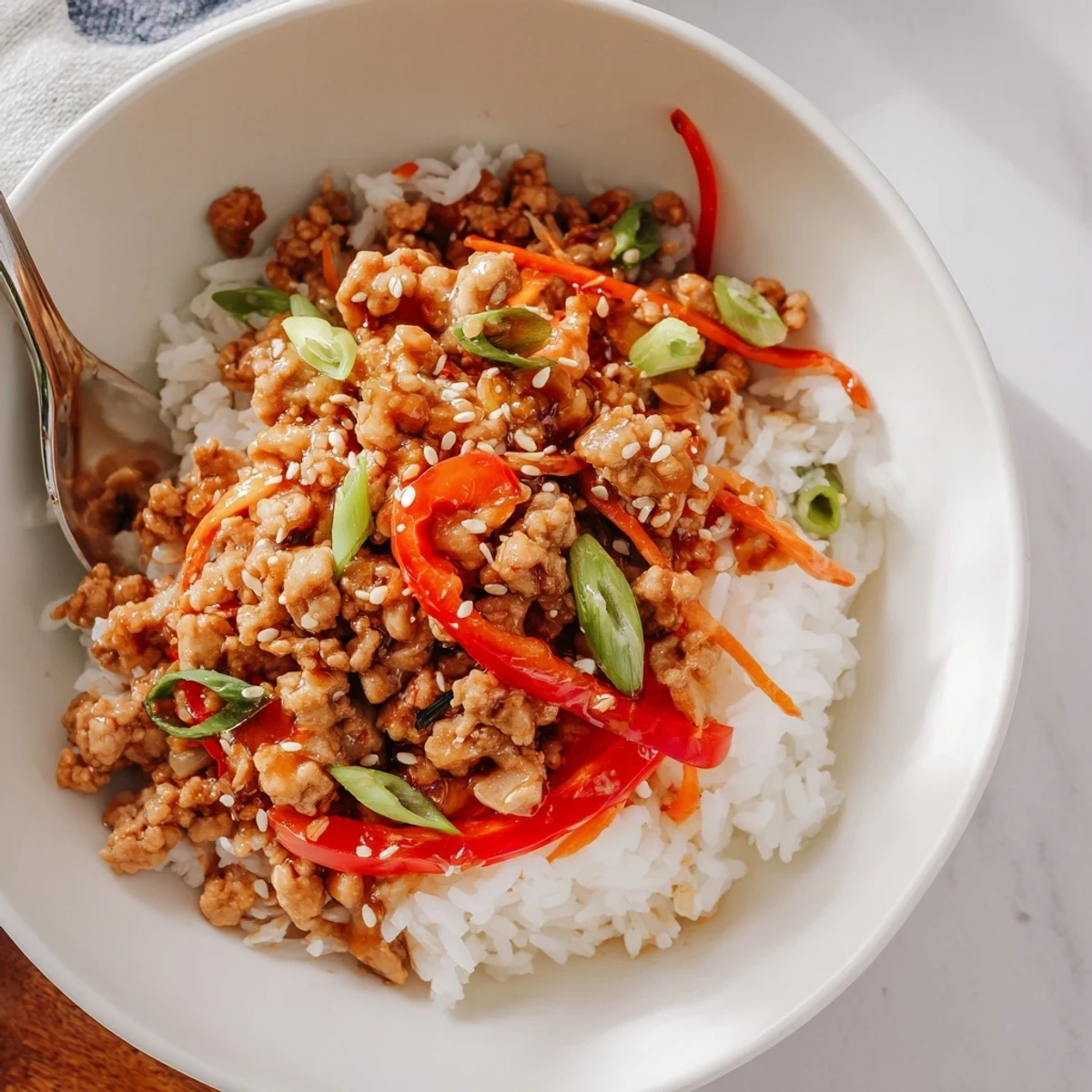 Teriyaki Turkey Rice Bowls topped with crisp carrots, bell pepper strips, vibrant scallions